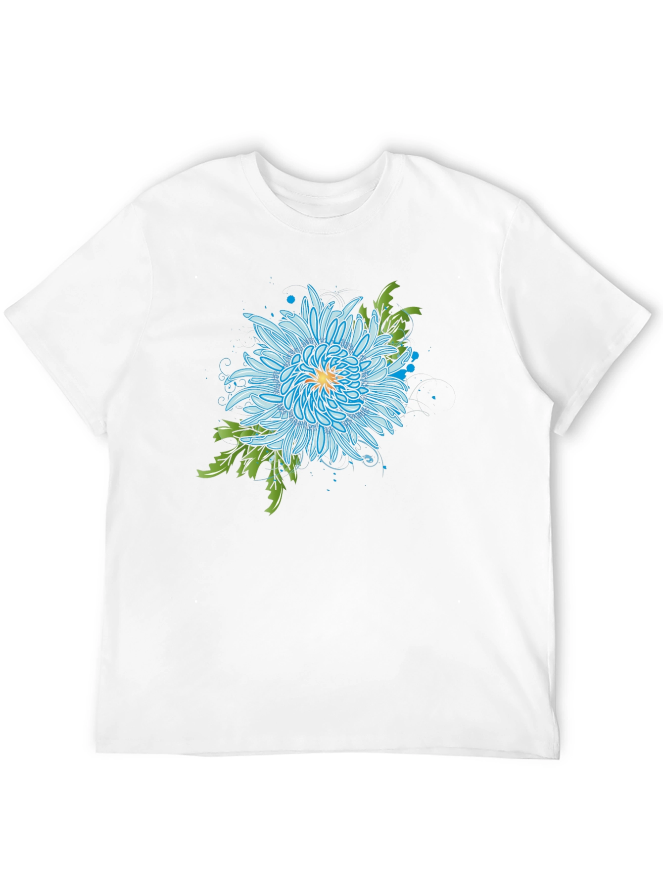 Blue Chrysanthemum Graphic Print Black T-Shirt