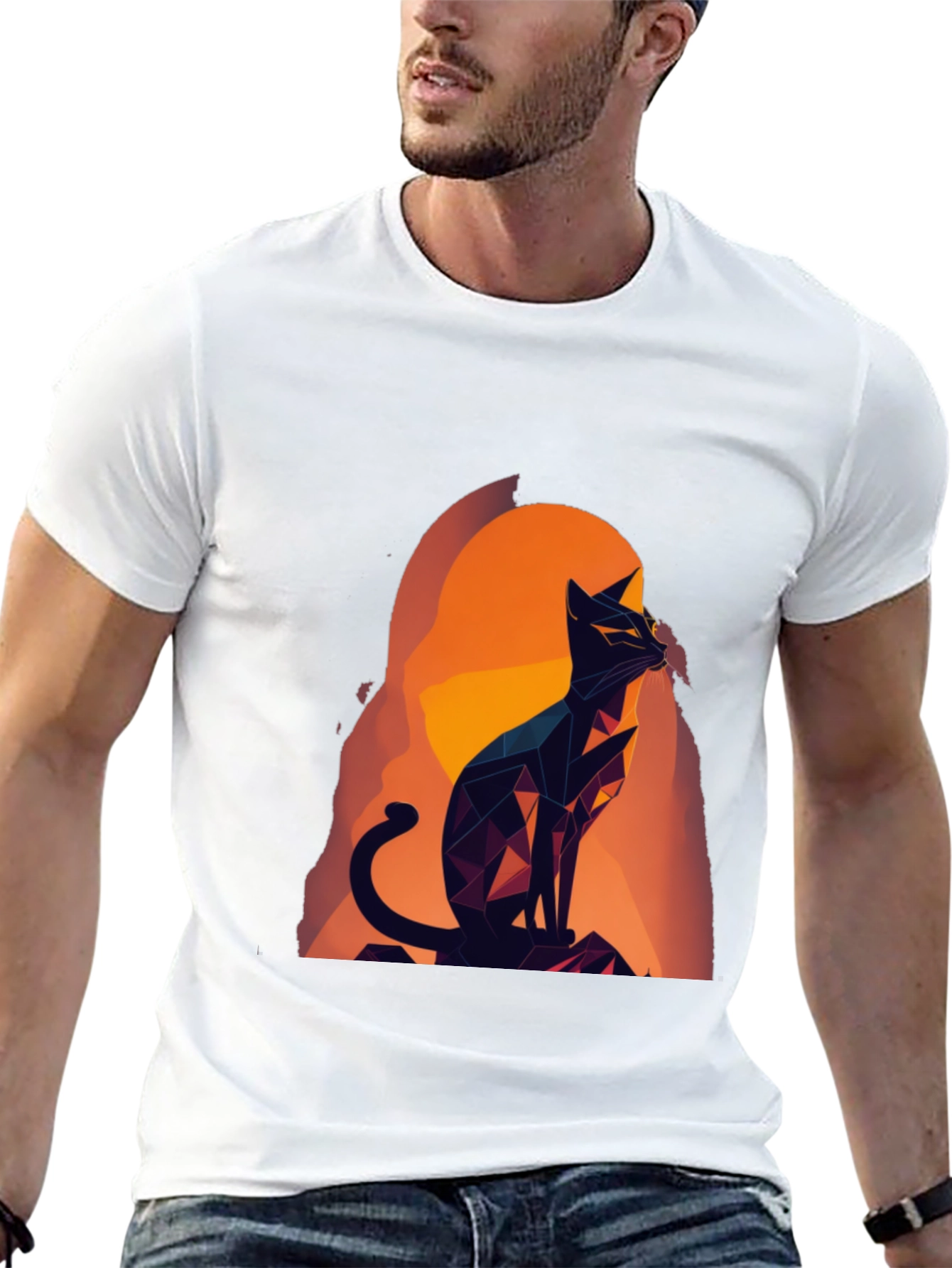 Geometric Cat Graphic Tee - Black Cotton Blend