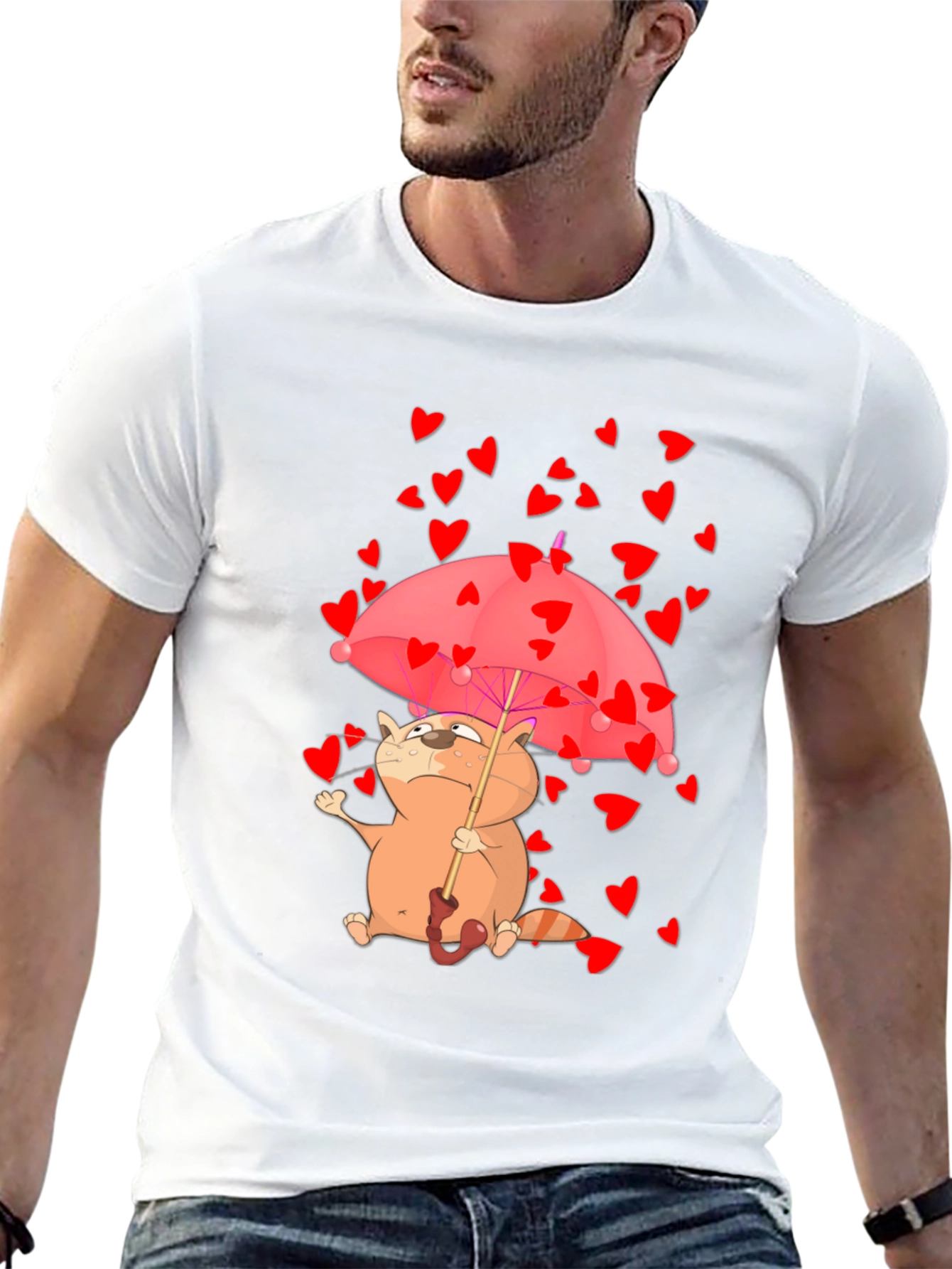 Cute Cat in Love T-Shirt - Heart Umbrella Design