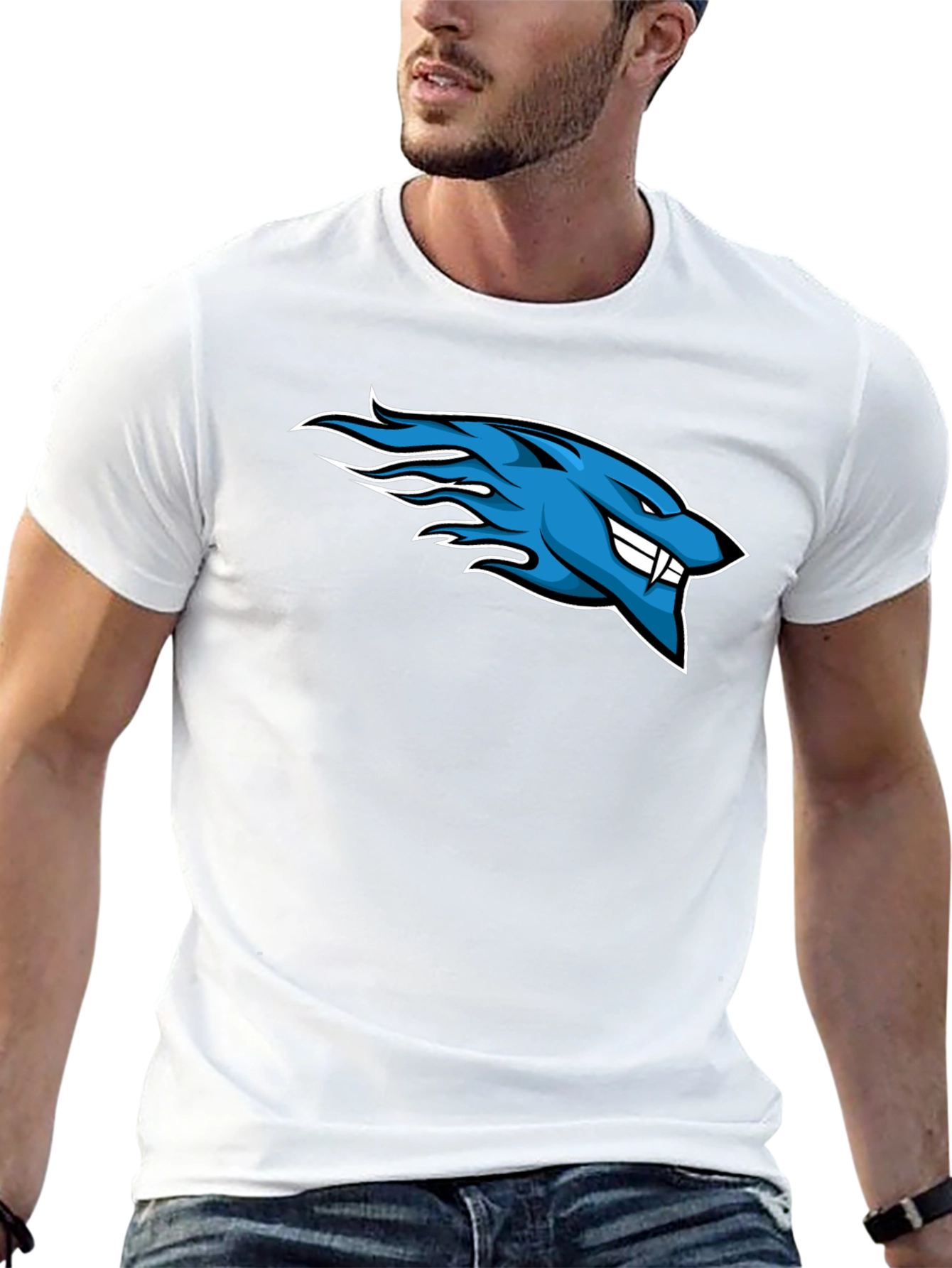 Mens Black T-Shirt with Blue Flaming Wolf Design