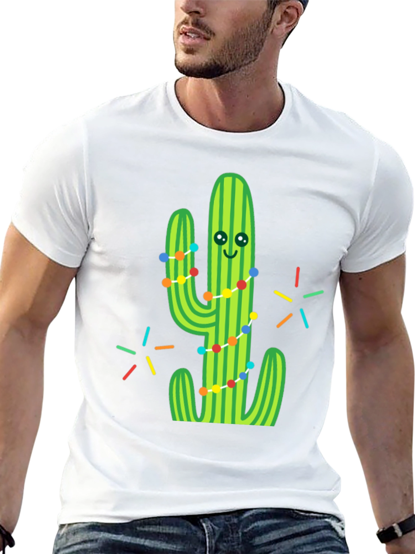 Festive Cactus Graphic Tee - Black Cotton T-Shirt