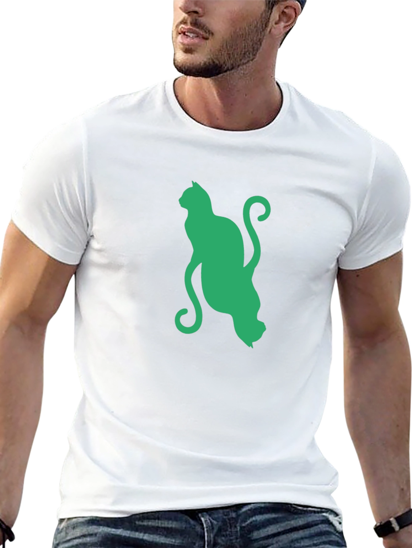 Green Cat Graphic Black T-Shirt