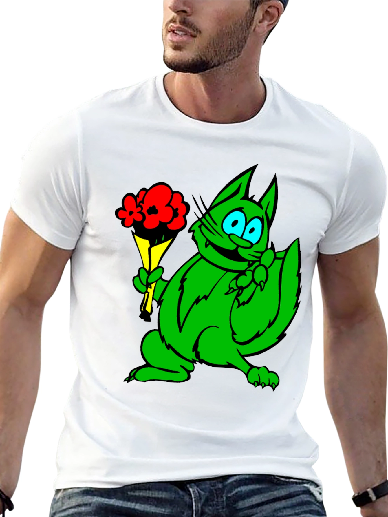 Green Cat Bouquet Black T-Shirt