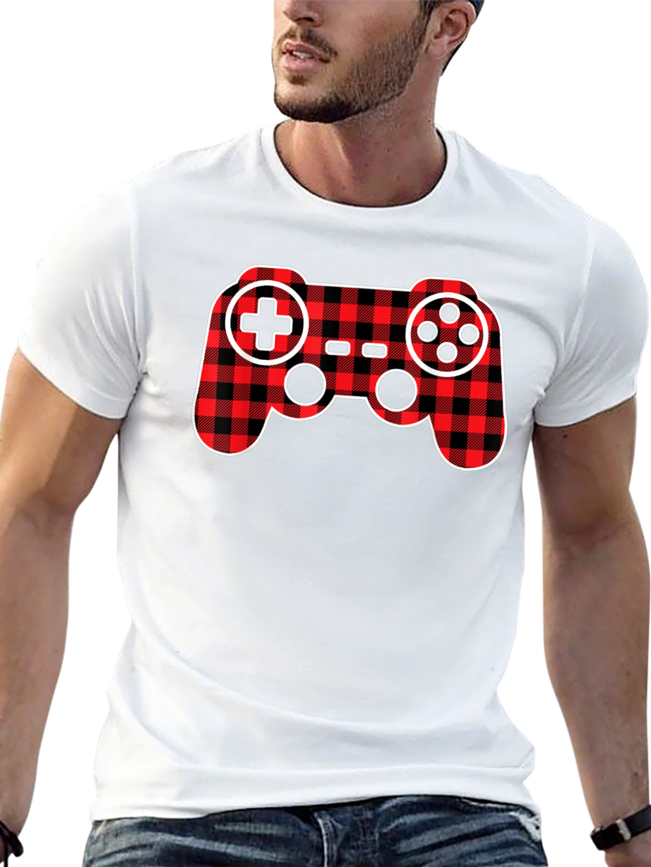 Plaid Game Controller Black T-Shirt
