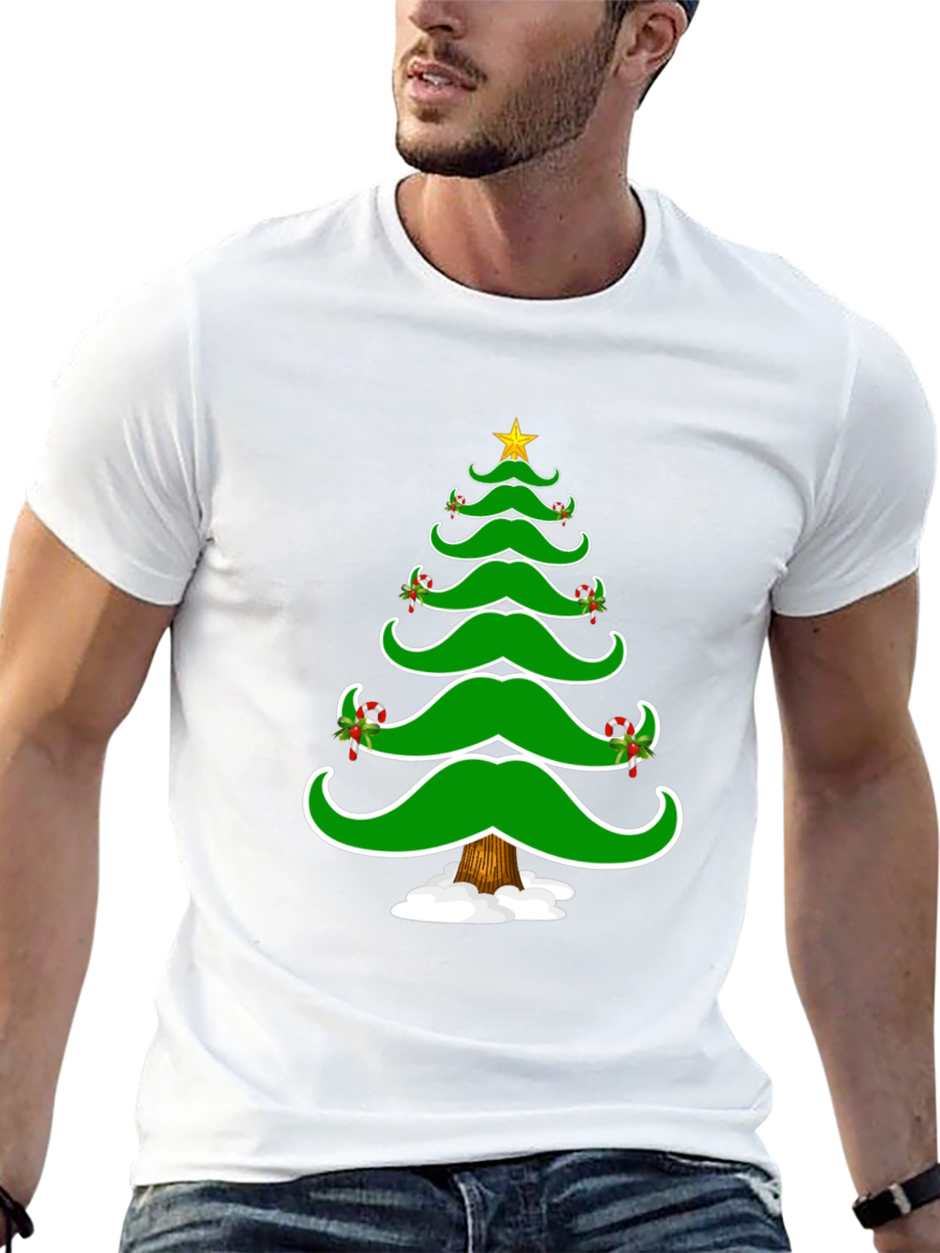 Christmas Tree Mustache Graphic Tee - Holiday Fun
