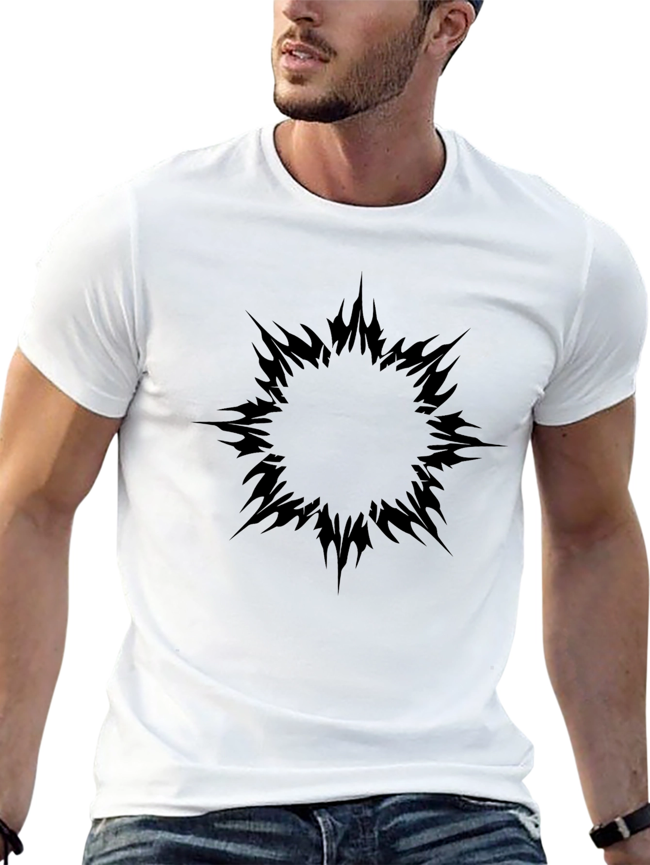 Mens Black T-Shirt with Abstract Sun Design