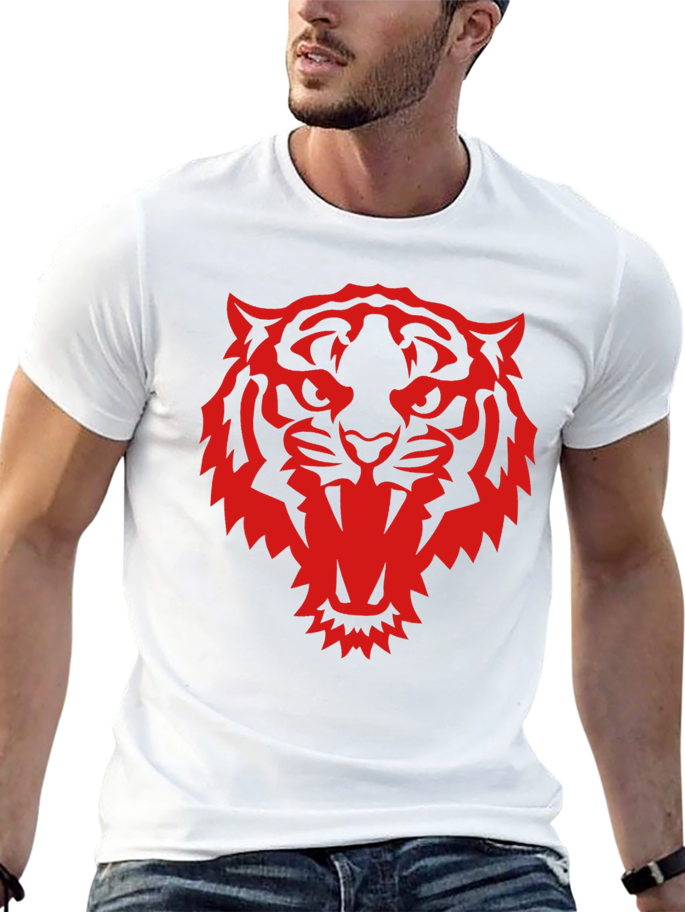 Black T-Shirt with Red Tiger Graphic Print