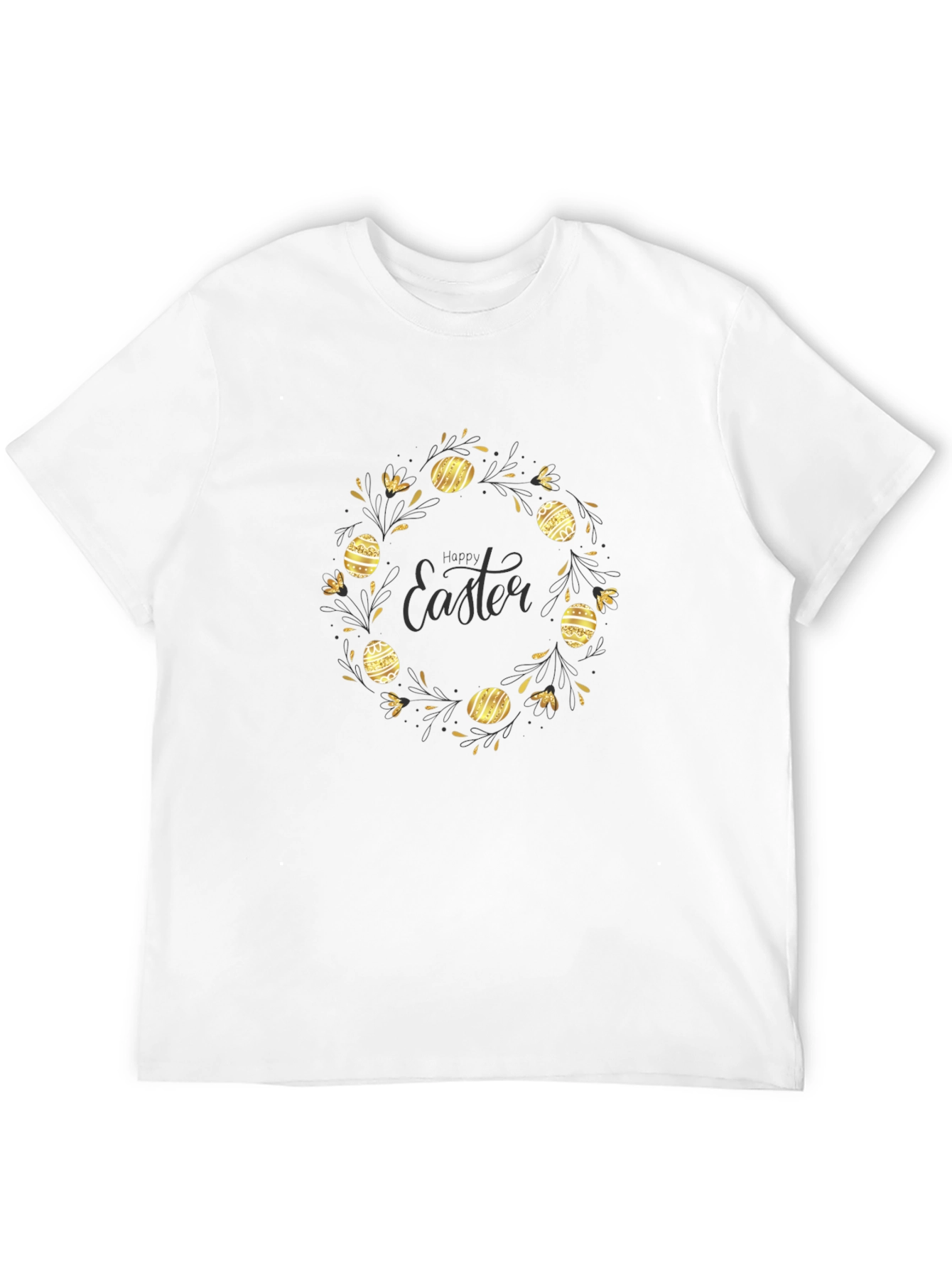 Happy Easter Black T-Shirt with Gold Egg Wreath Design