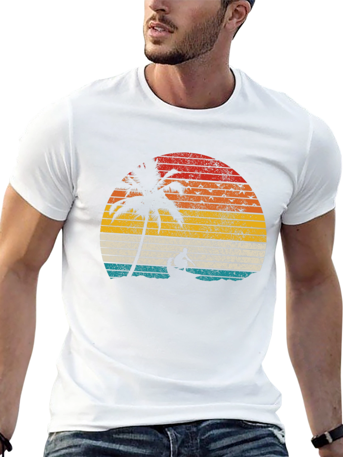 Retro Sunset Palm Tree Canoe T-Shirt
