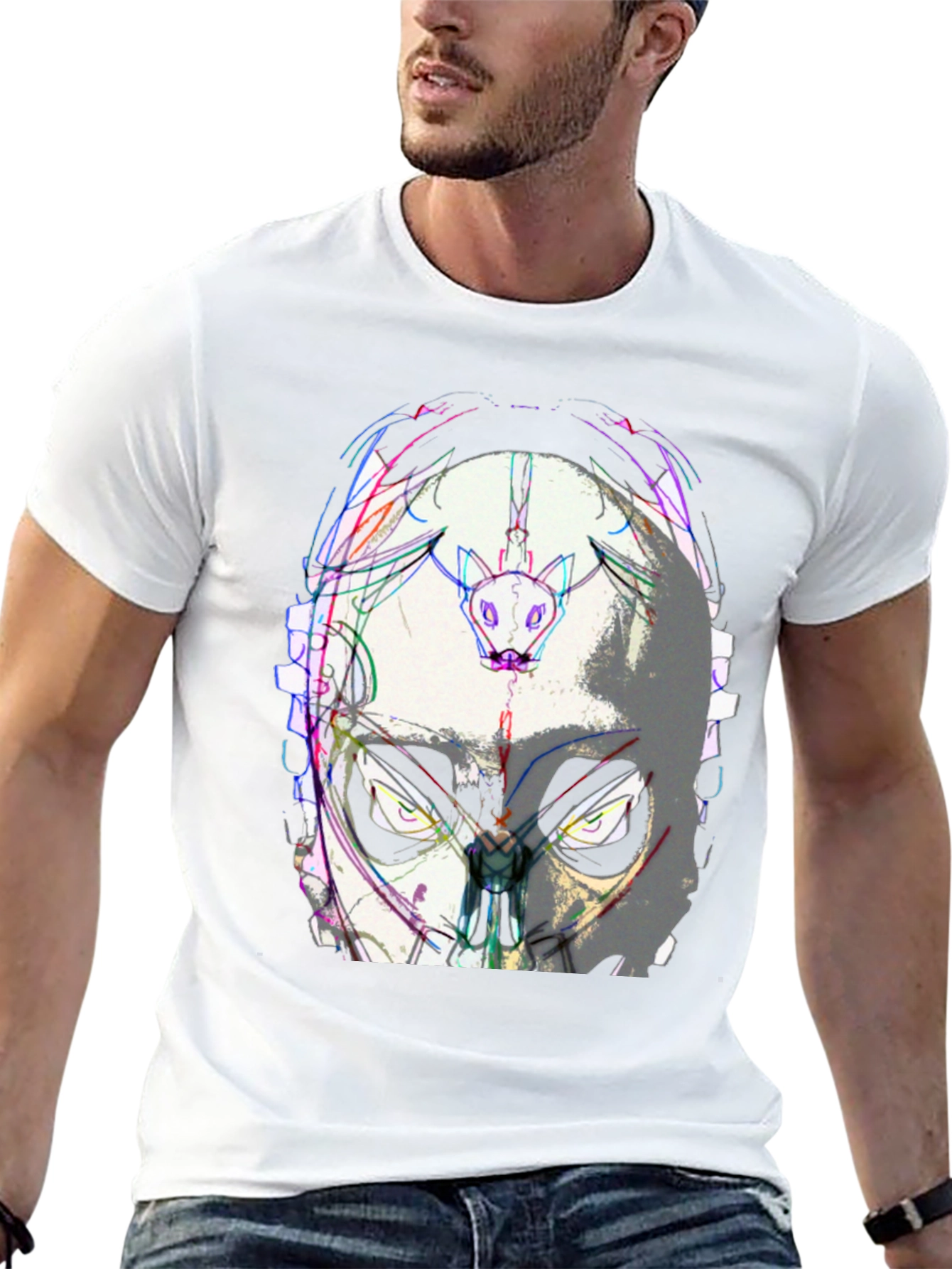 Abstract Mask Graphic Tee - Black Cotton Blend