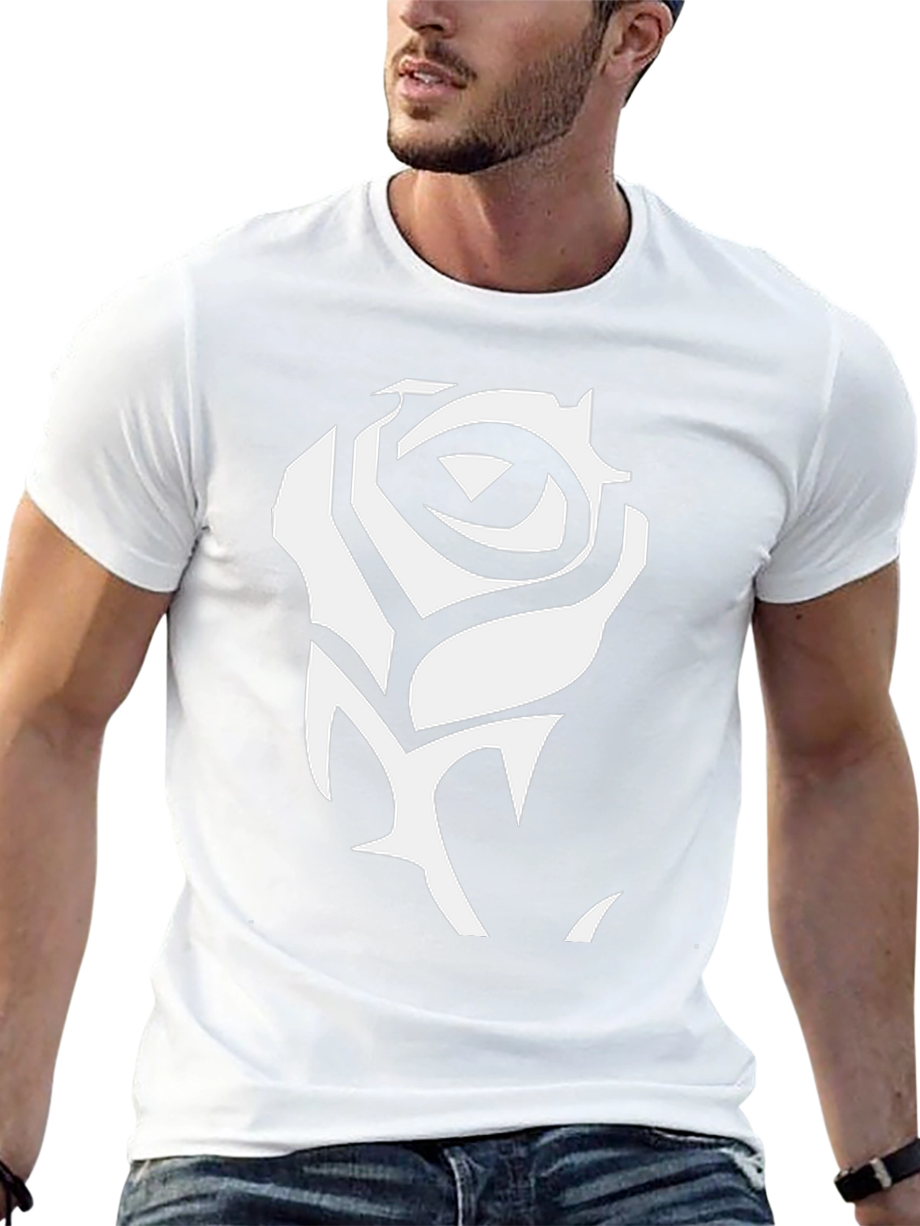 Black T-Shirt with White Rose Graphic