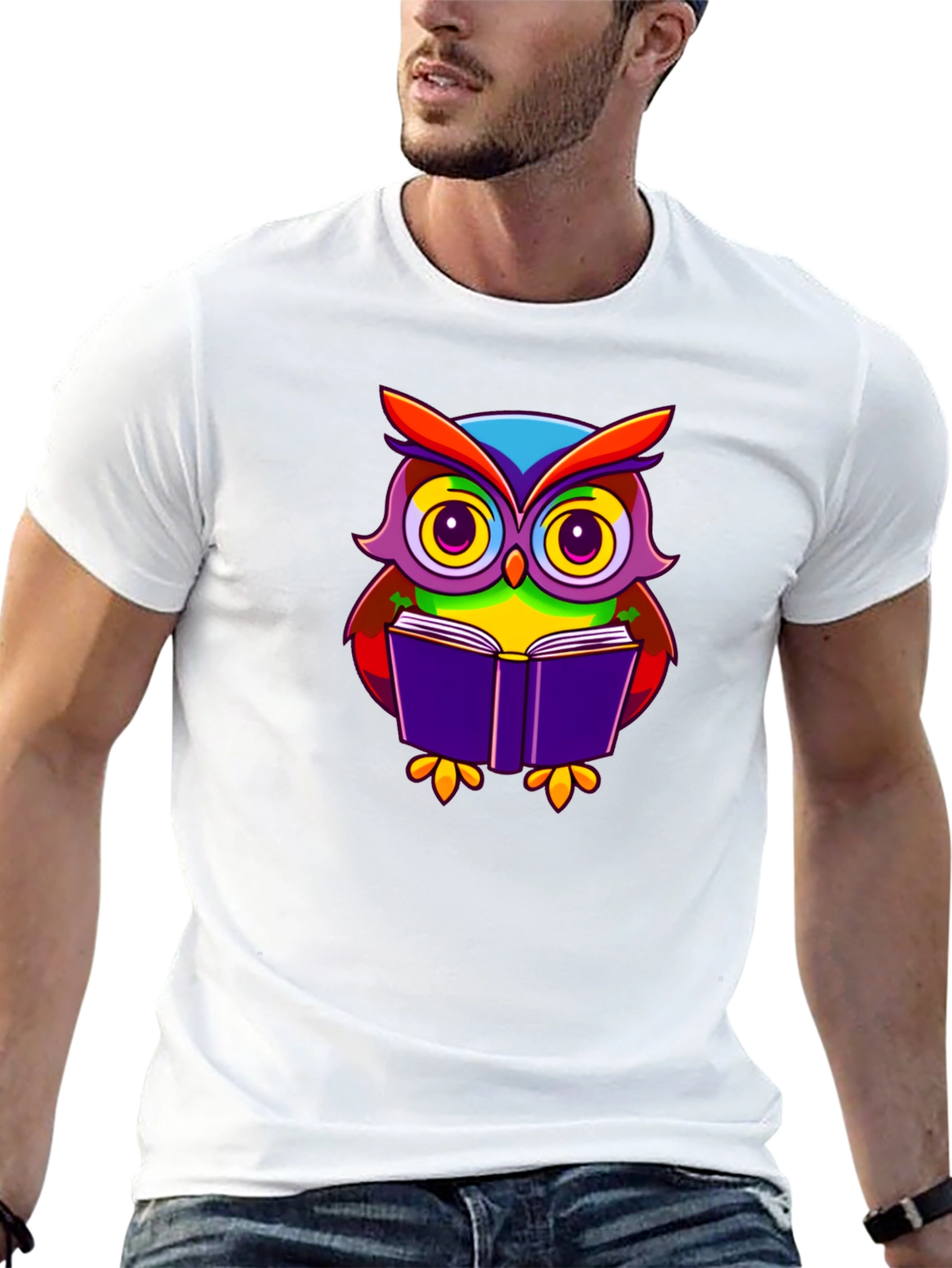 Owl Reading Book Graphic T-Shirt - Black Cotton Tee