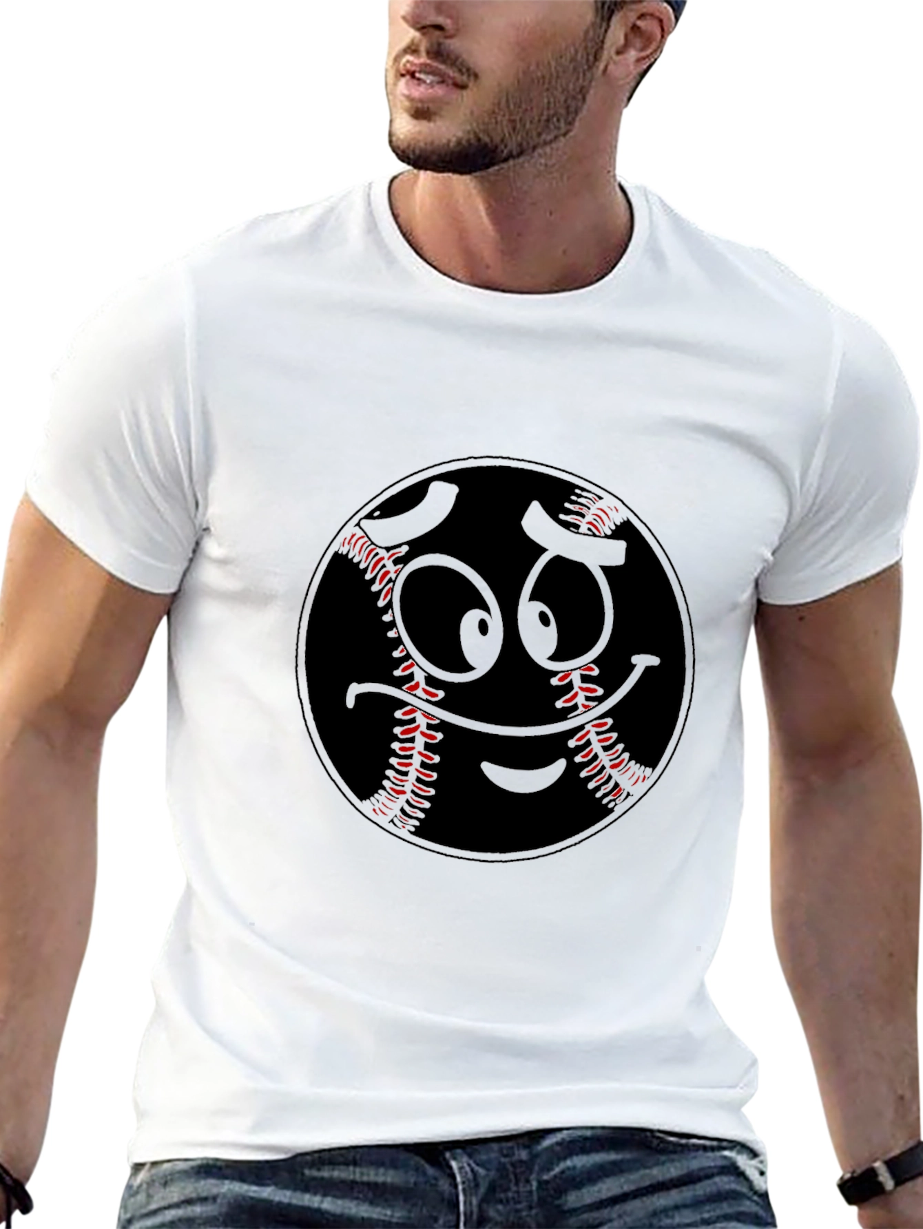 Baseball Smiley Face Graphic Tee - Black