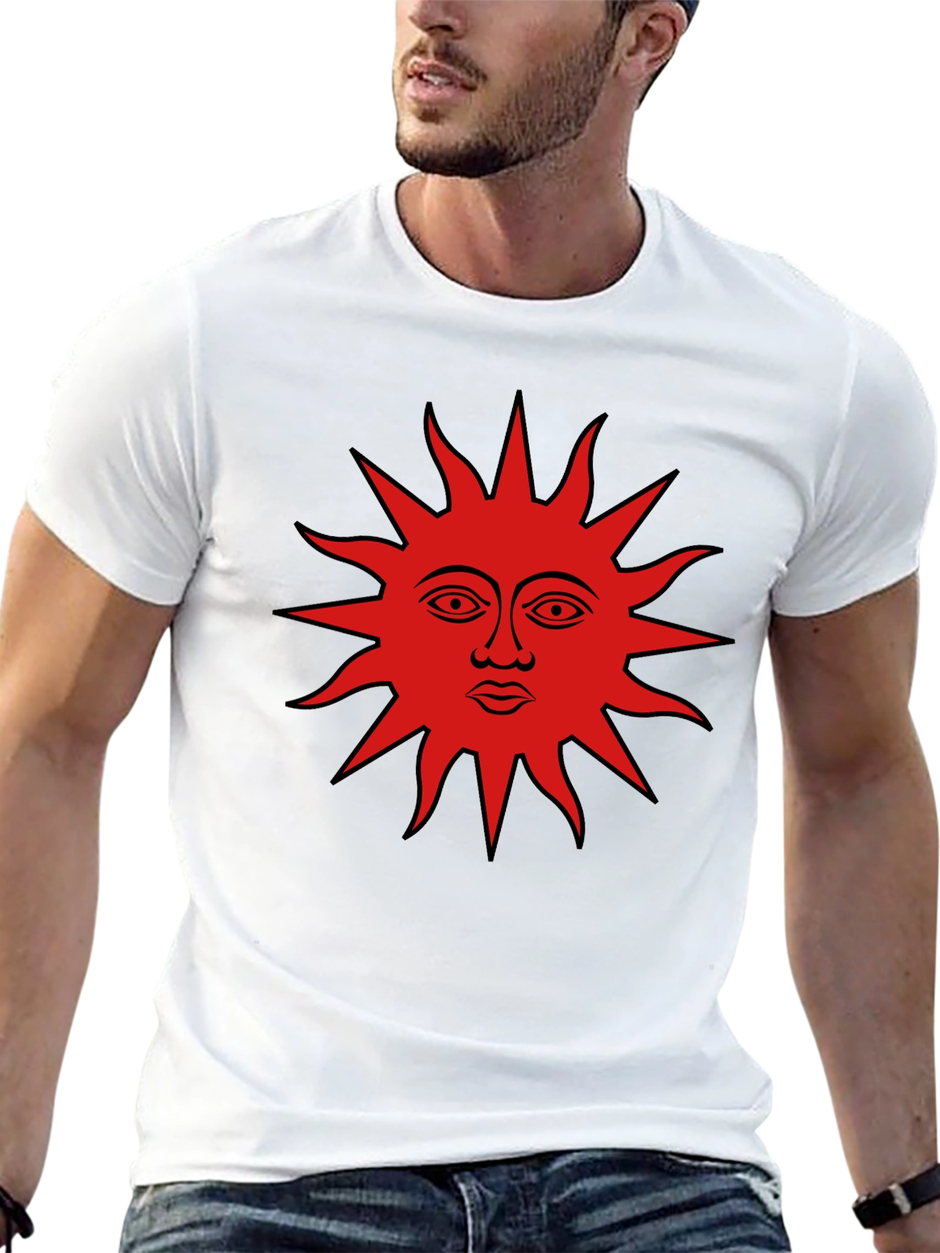 Black Graphic Tee - Red Sun Face Design