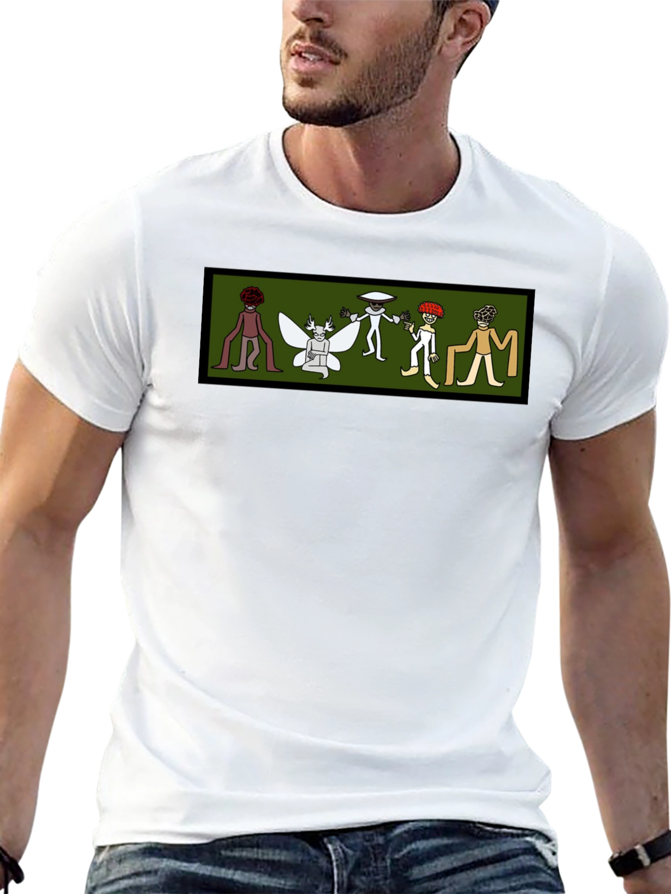 Black Tee with Cartoon Cryptid Design