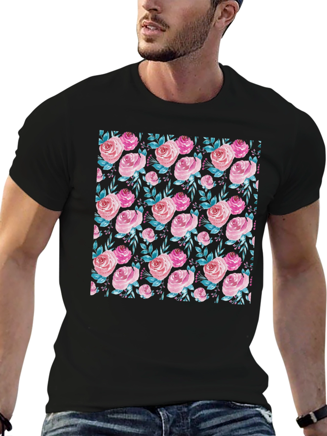Floral Rose Print Crew Neck T-Shirt