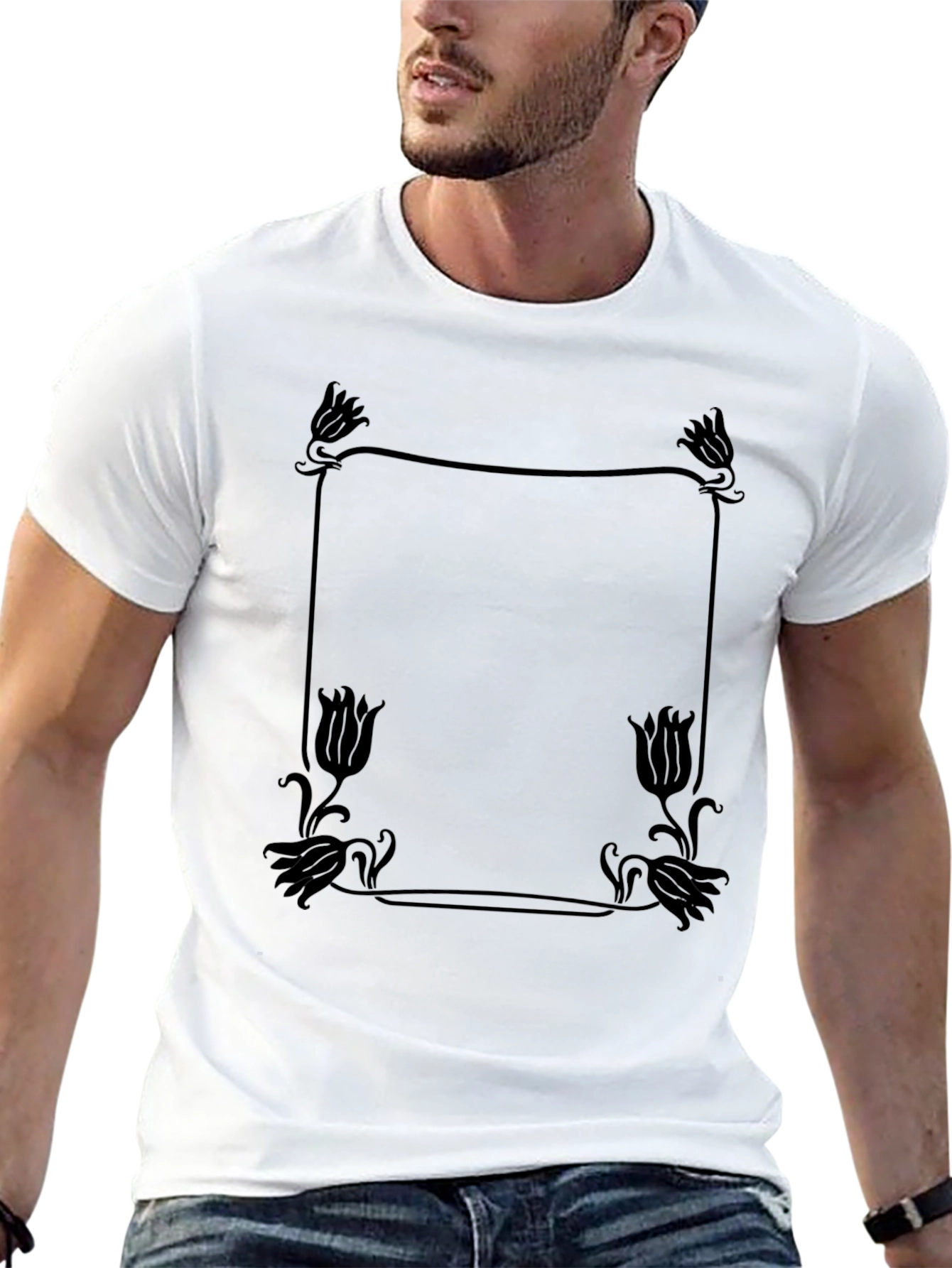Elegant Floral Frame Tee - Stylish Black T-Shirt