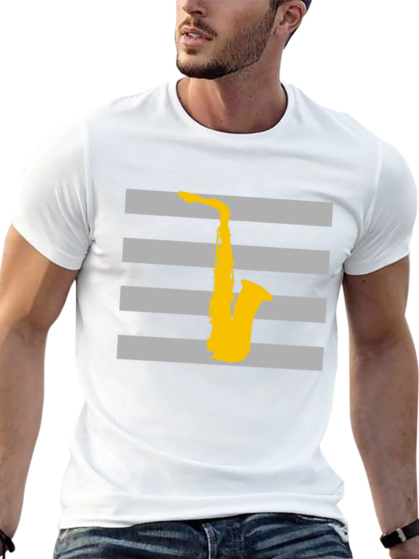 Striped Saxophone Graphic T-Shirt - Cool Music Lover Tee