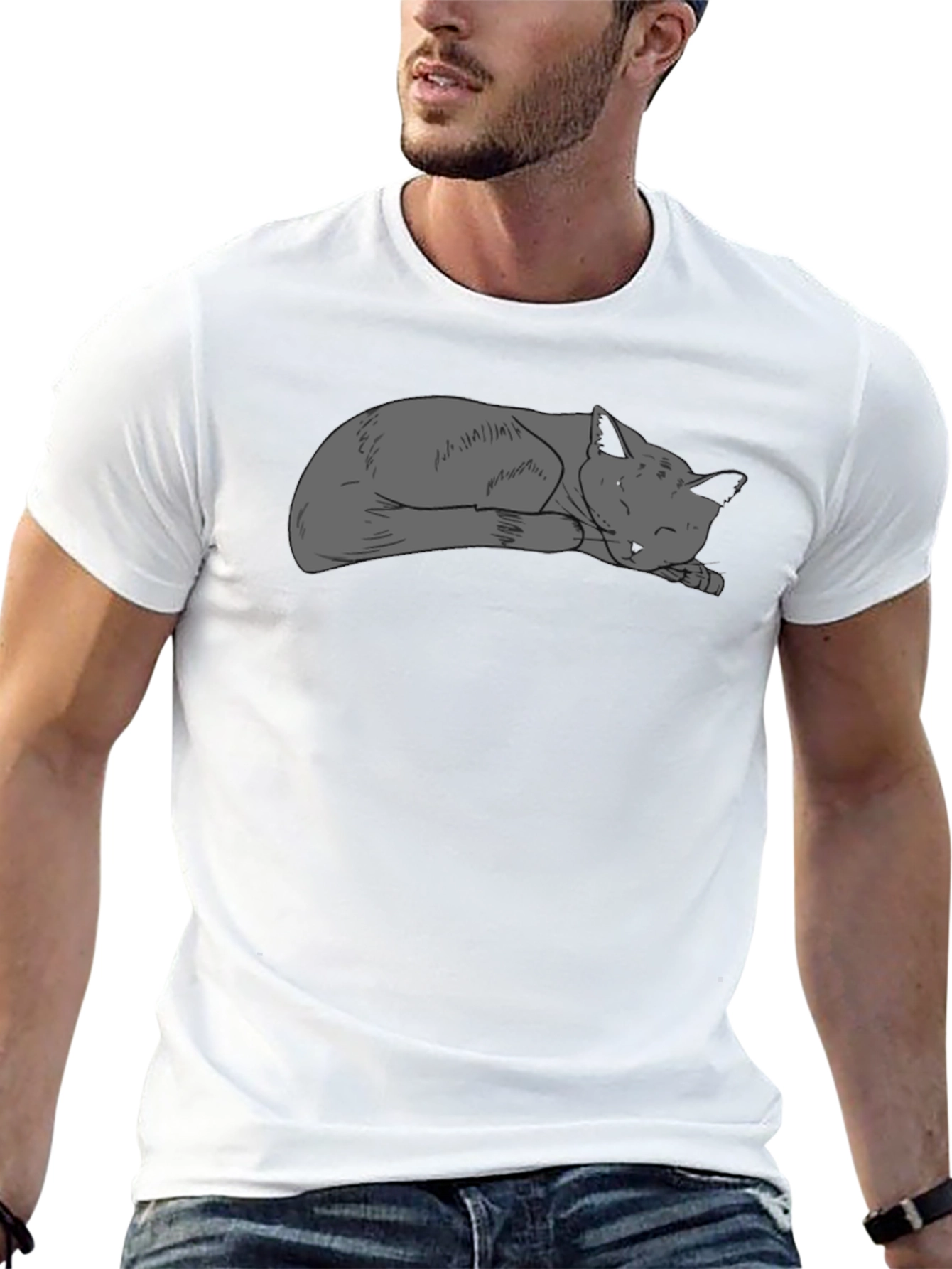 Sleeping Cat Graphic Tee - Black Casual T-Shirt