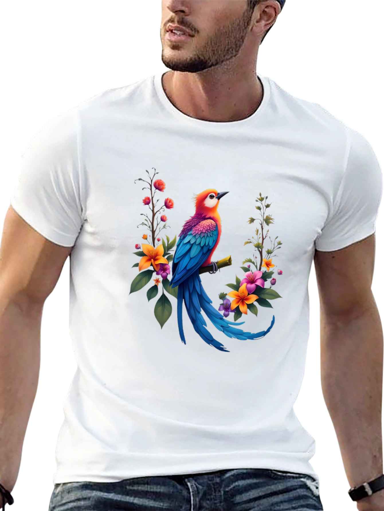 Bird & Floral Print Black T-Shirt