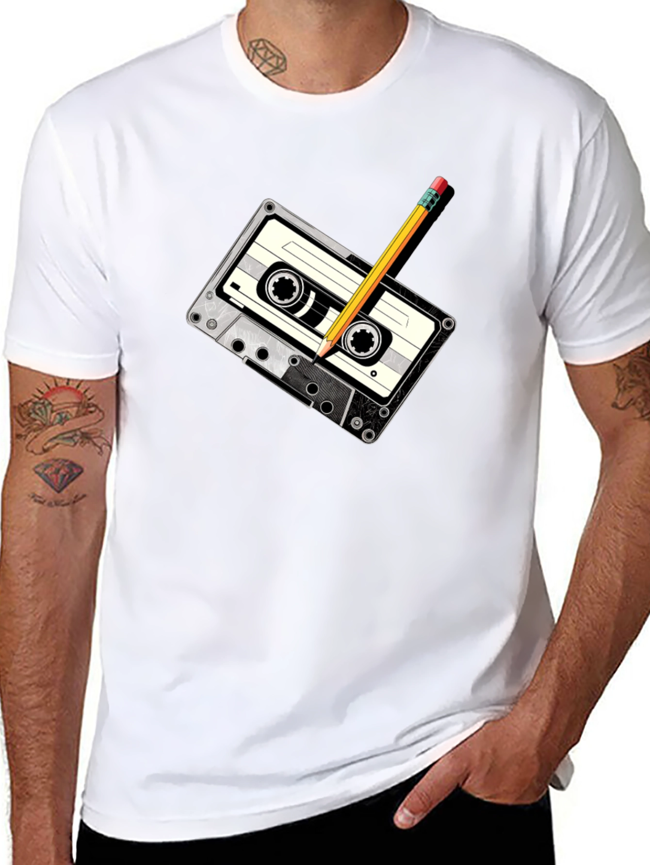 Retro Cassette Tape & Pencil Graphic T-Shirt - Black