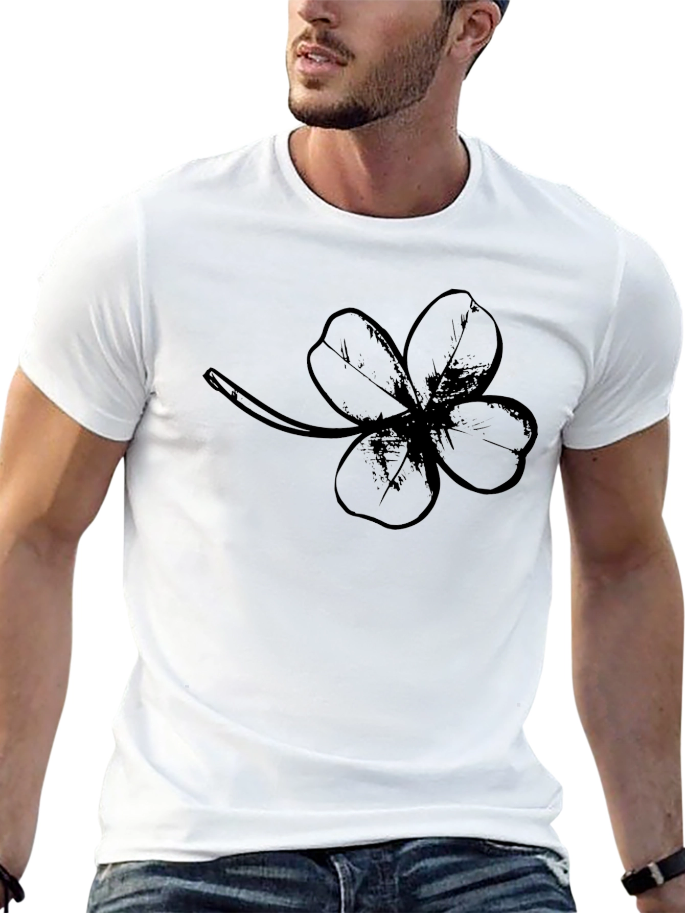 Lucky Four Leaf Clover Graphic Tee - Black Cotton