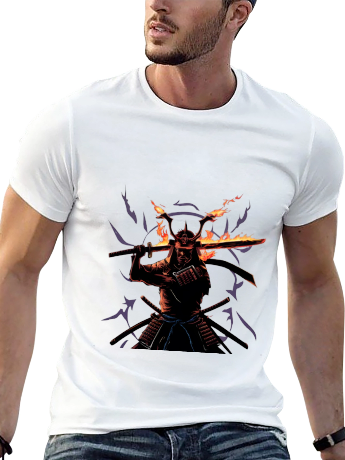 Samurai Fire Sword Graphic Tee - Black Cotton