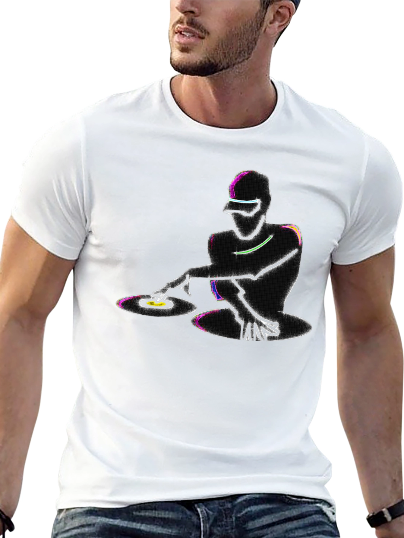 Neon DJ Graphic T-Shirt - Black Cotton Blend