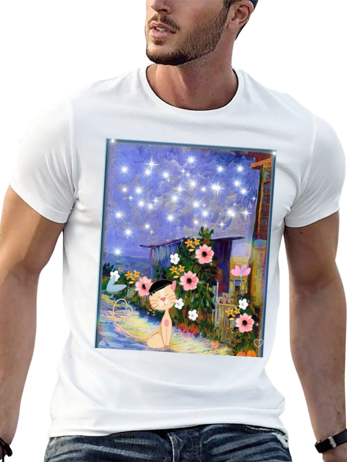 Whimsical Cat Art T-Shirt - Starry Night Garden