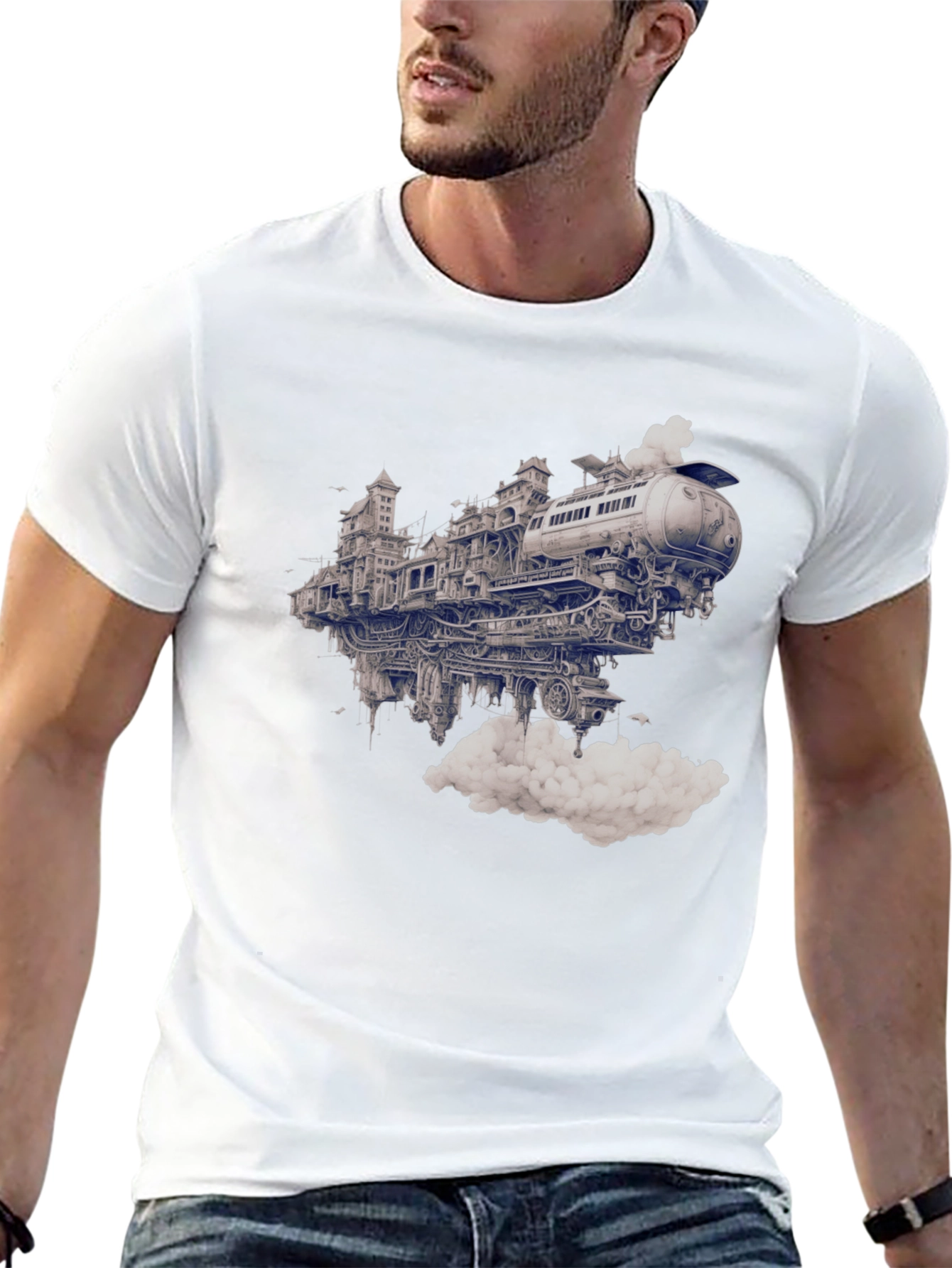 Steampunk Train City Black Graphic Tee