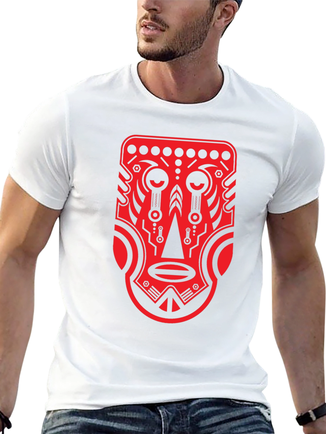 Tribal Mask Graphic Tee - Bold Red Design