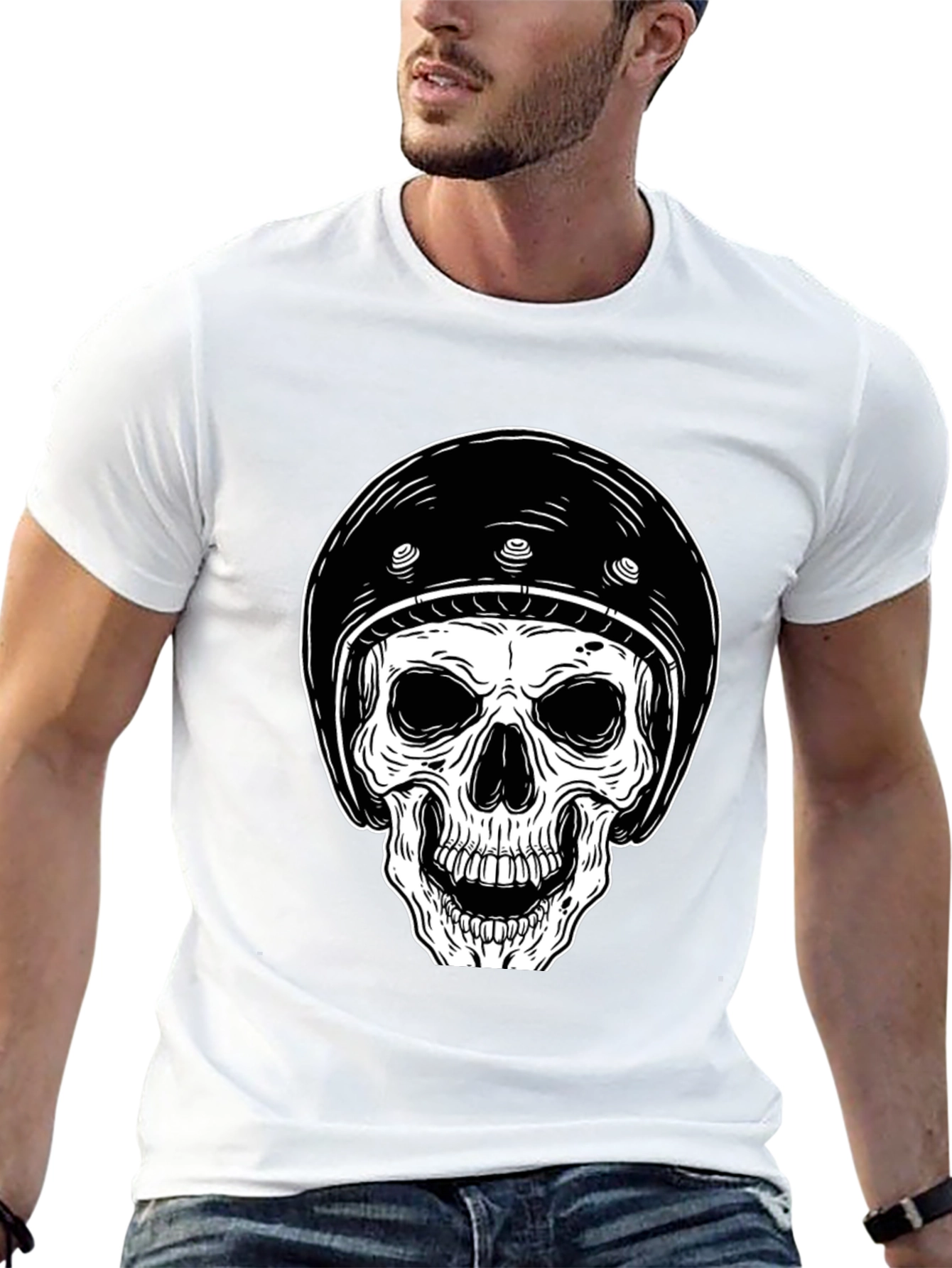 Skull Biker Helmet Graphic Tee - Black Cotton