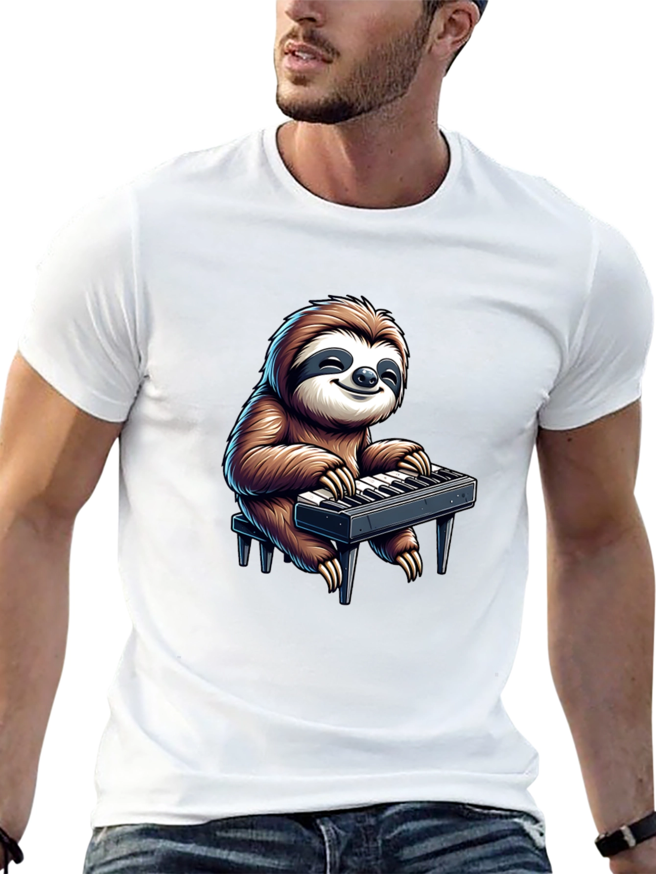 Sloth Playing Keyboard Graphic Tee - Black