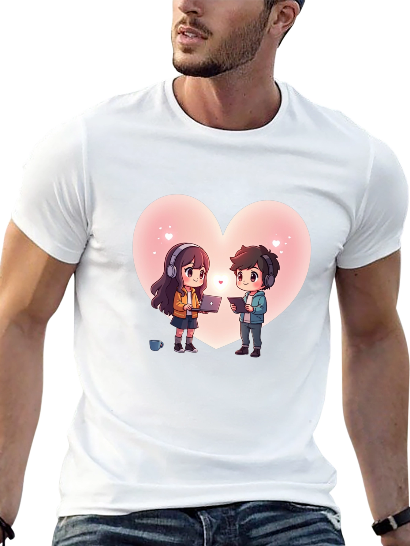 Cartoon Couple Heart Graphic Tee - Black