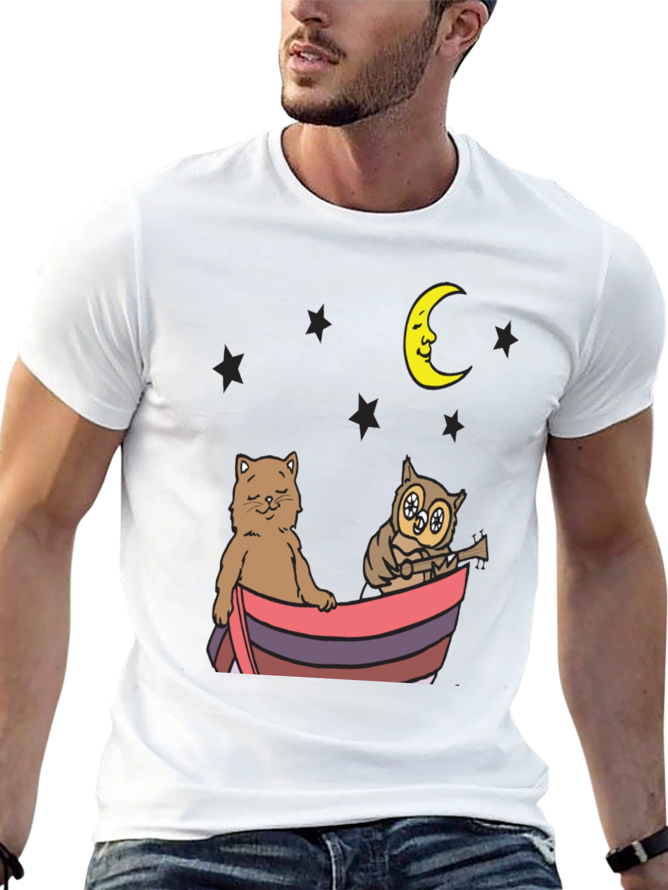 Cat & Owl Moon Boat Graphic Tee