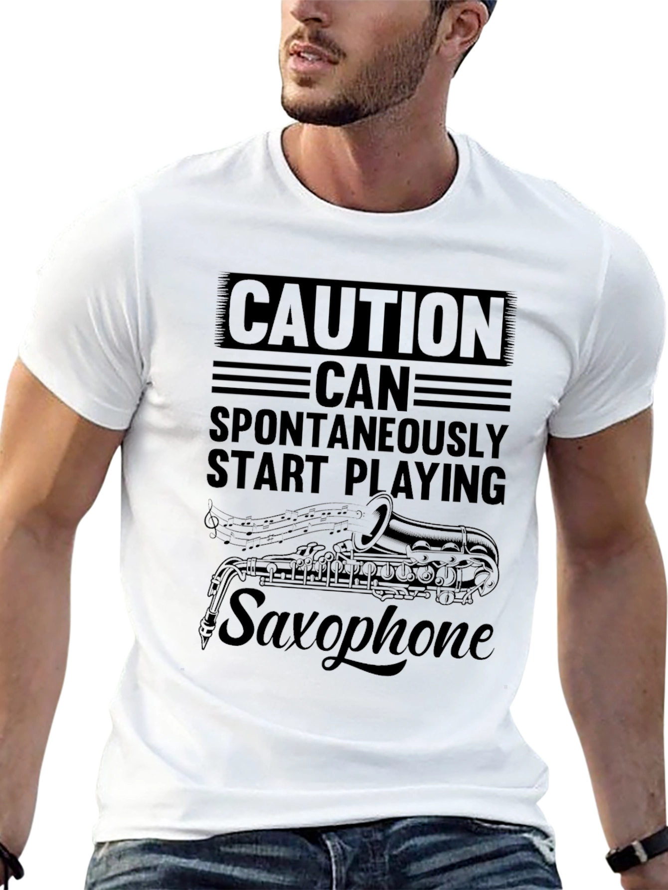 Caution Saxophone Mens Black T-Shirt