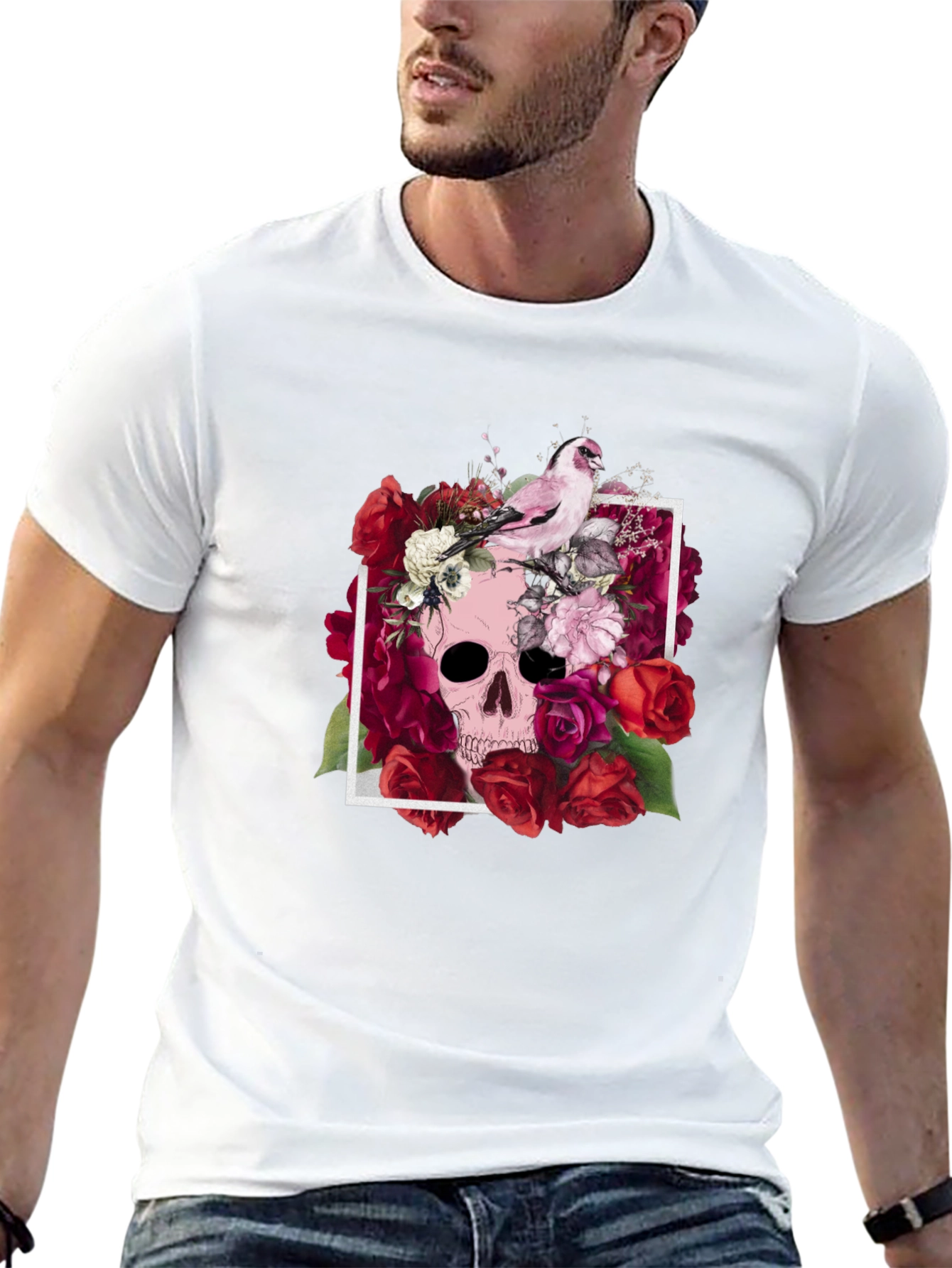 Floral Skull T-Shirt - Bird & Roses Design