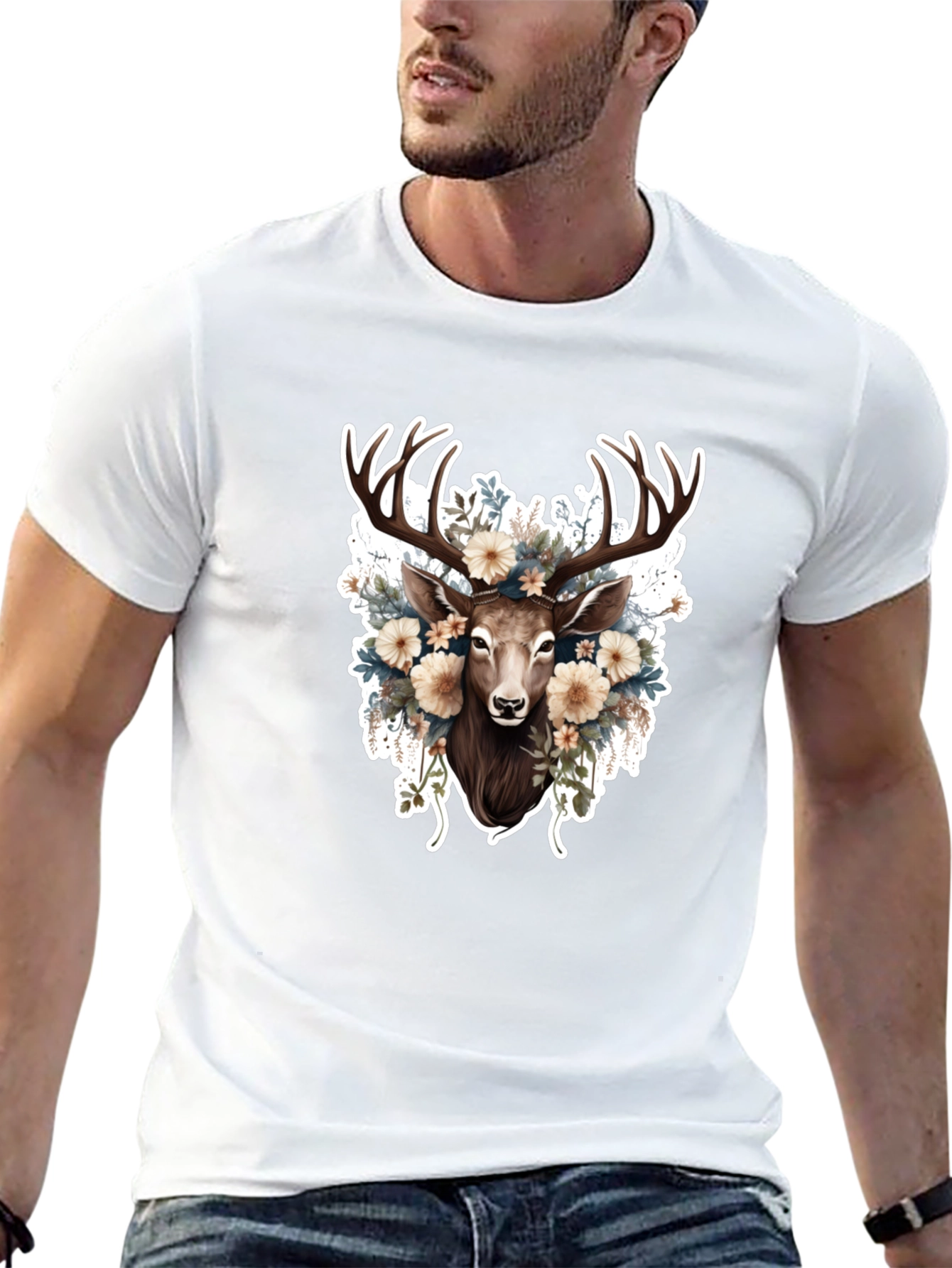 Floral Deer Graphic Tee - Black Cotton T-Shirt