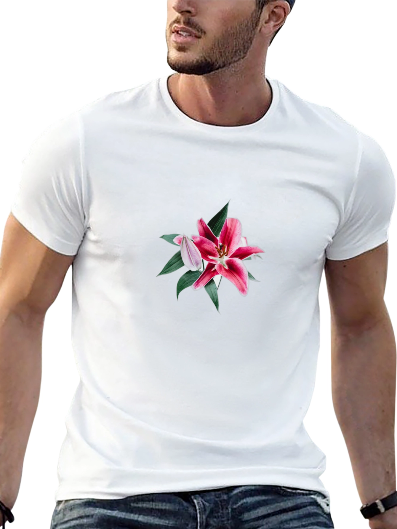 Black T-Shirt with Floral Lily Design