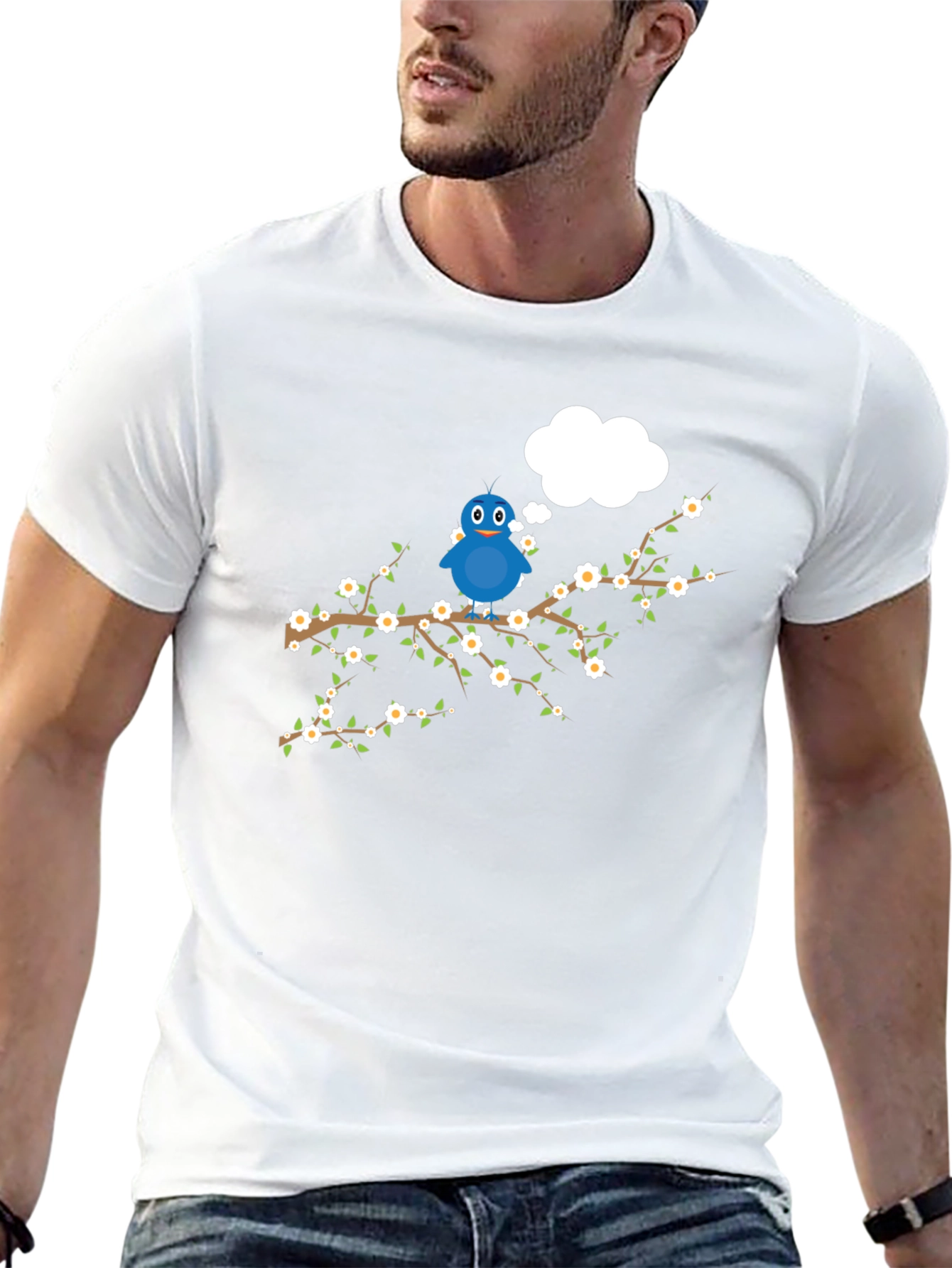 Blue Bird on Branch Graphic Tee - Black