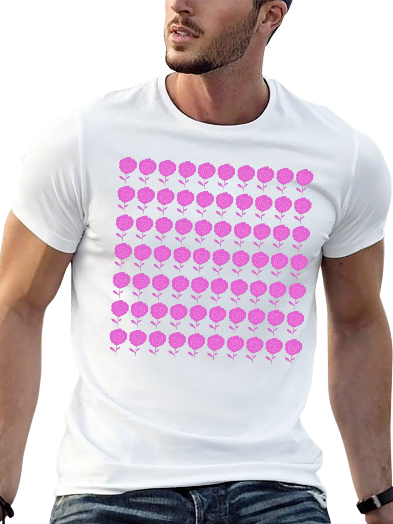 Floral Rose Pattern Black T-Shirt