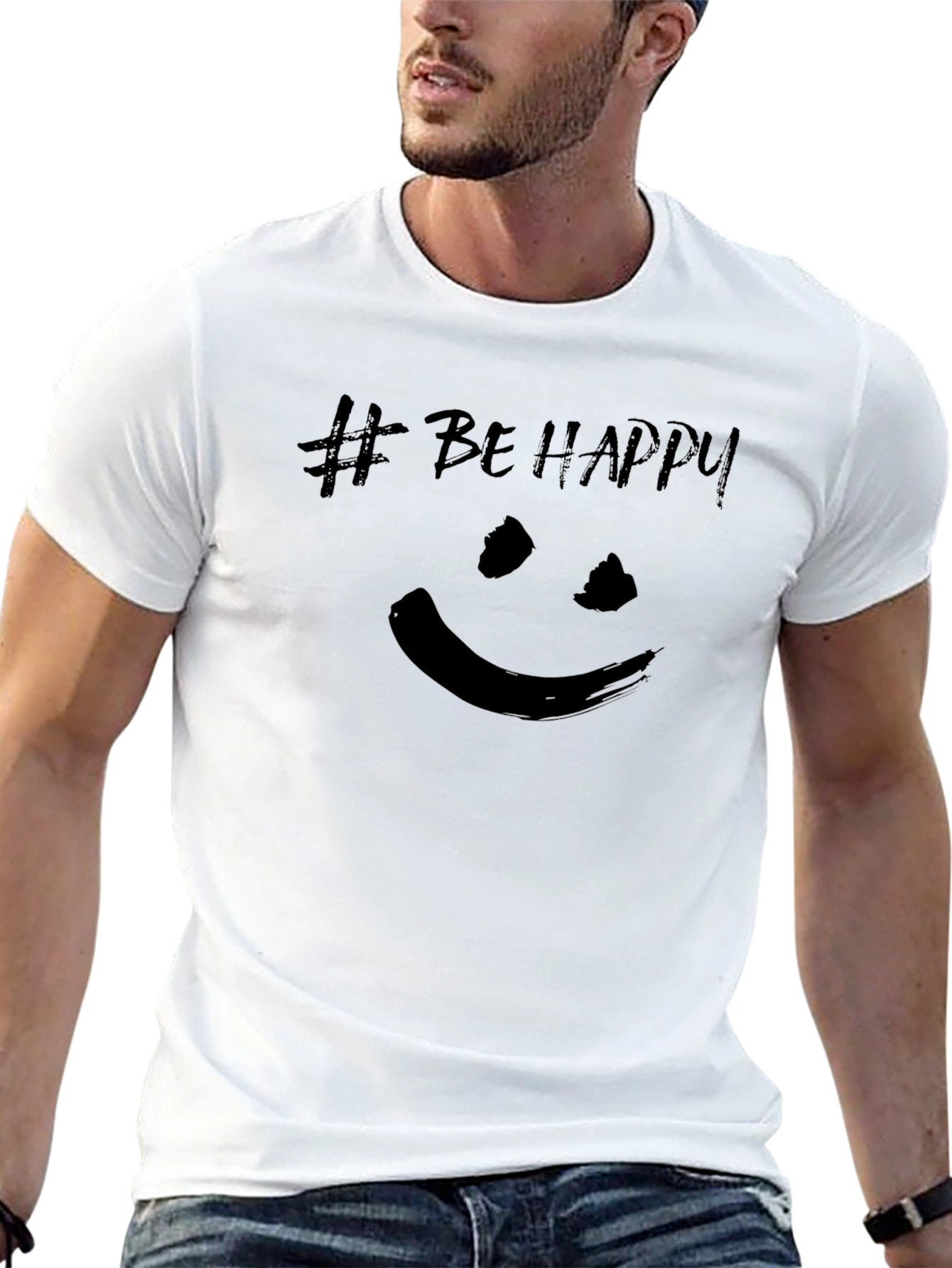 Be Happy T-Shirt - Black Crew Neck Tee