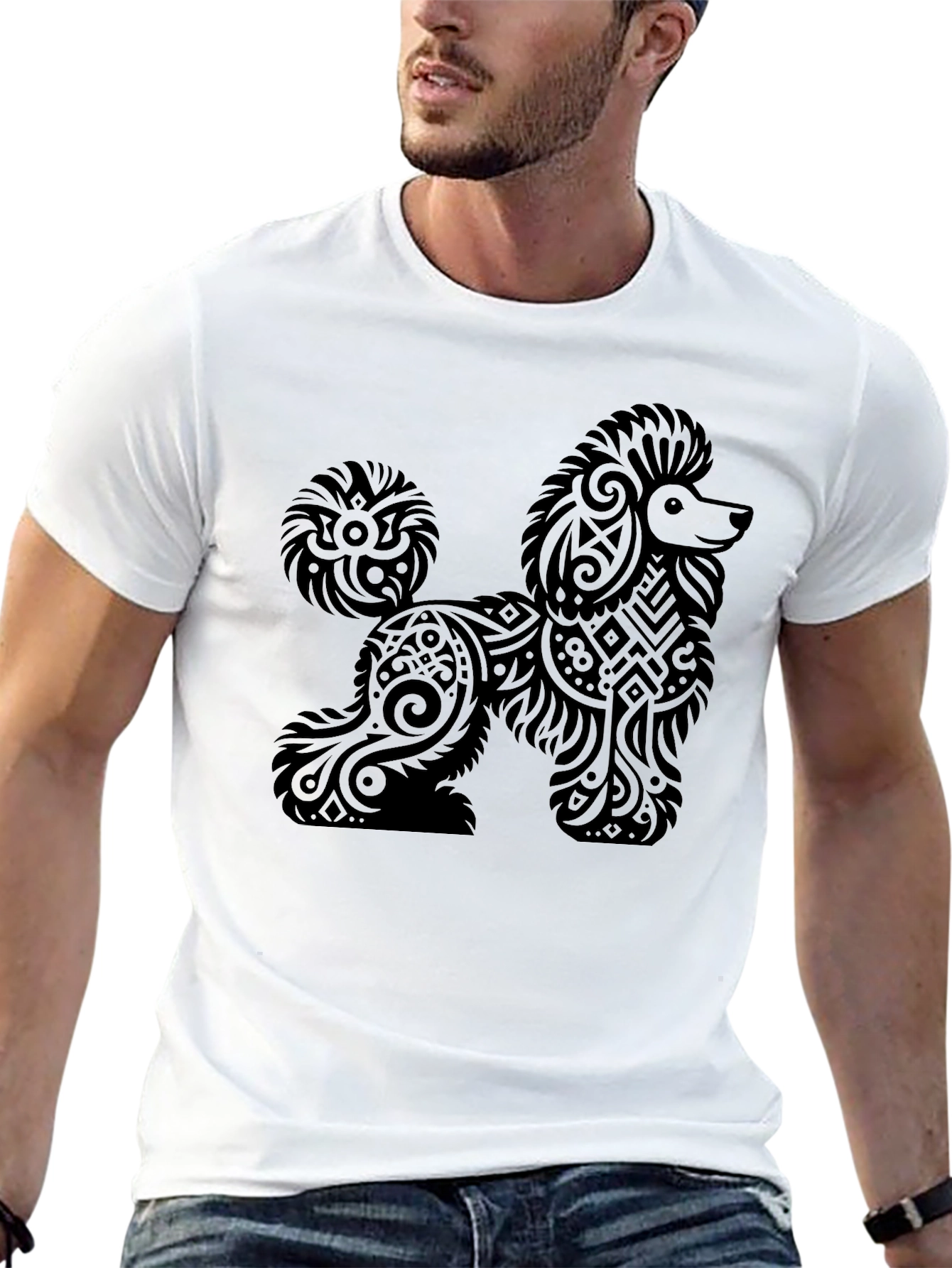 Tribal Poodle Graphic Print Black T-Shirt