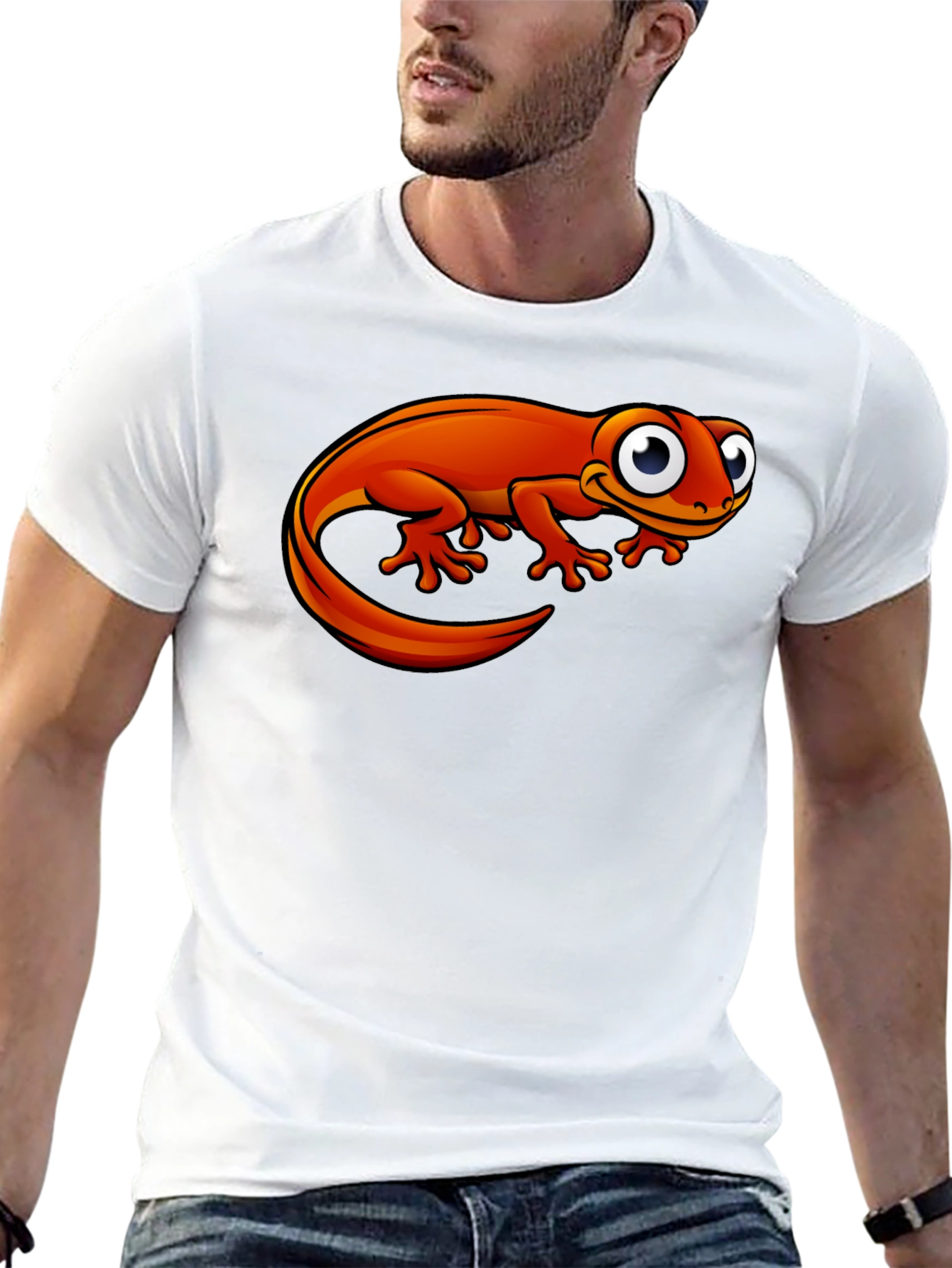Orange Cartoon Lizard Graphic Black T-Shirt