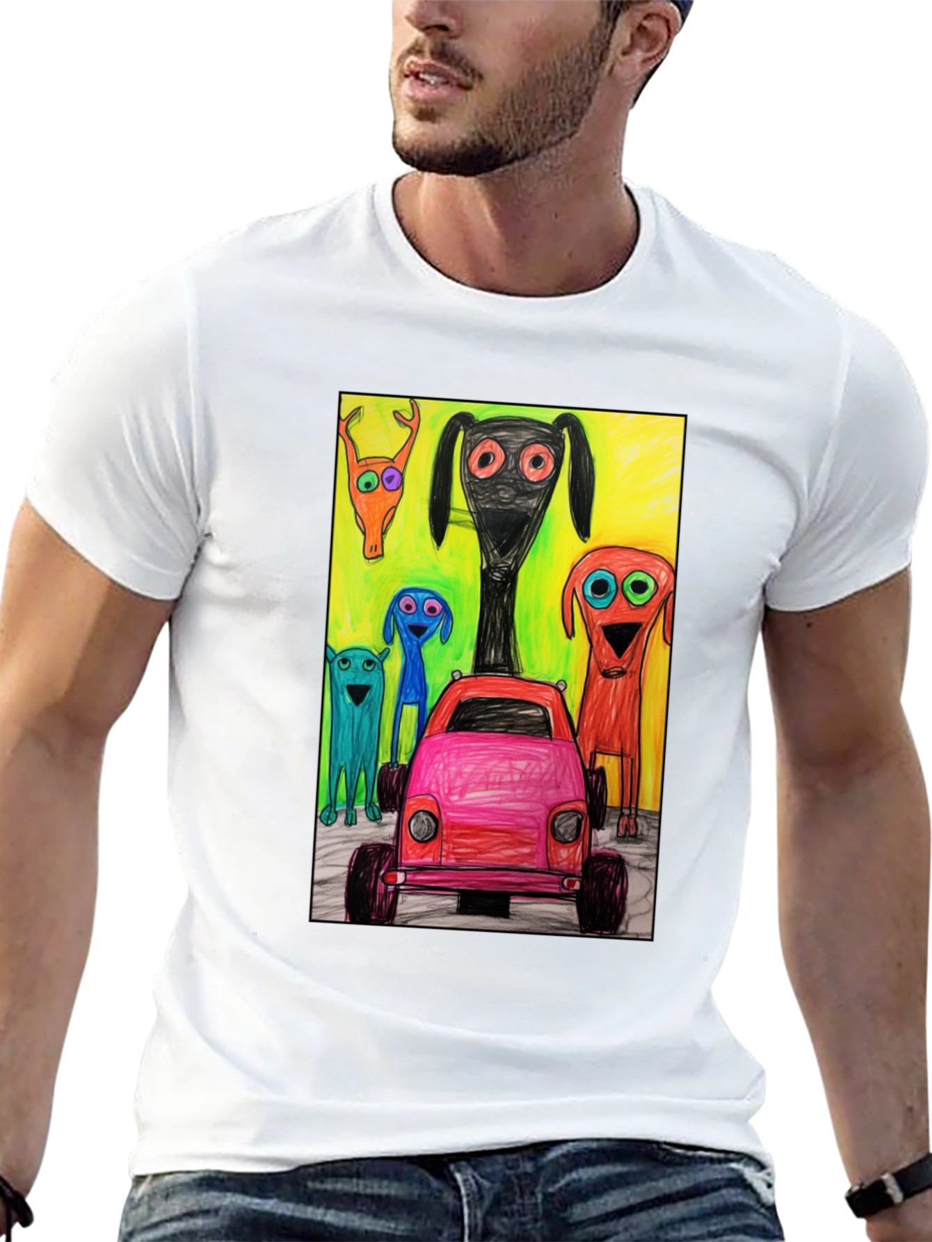 Cartoon Car & Creature Print Tee