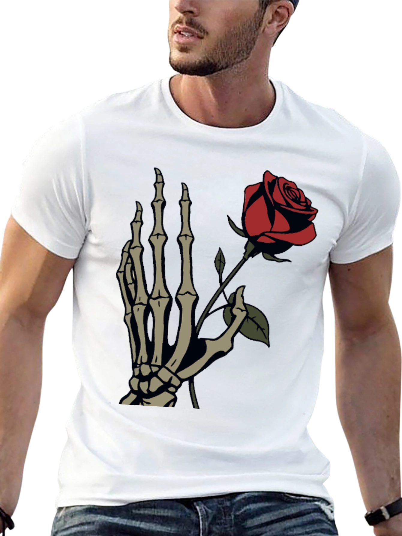 Skeleton Hand Holding Rose Graphic T-Shirt