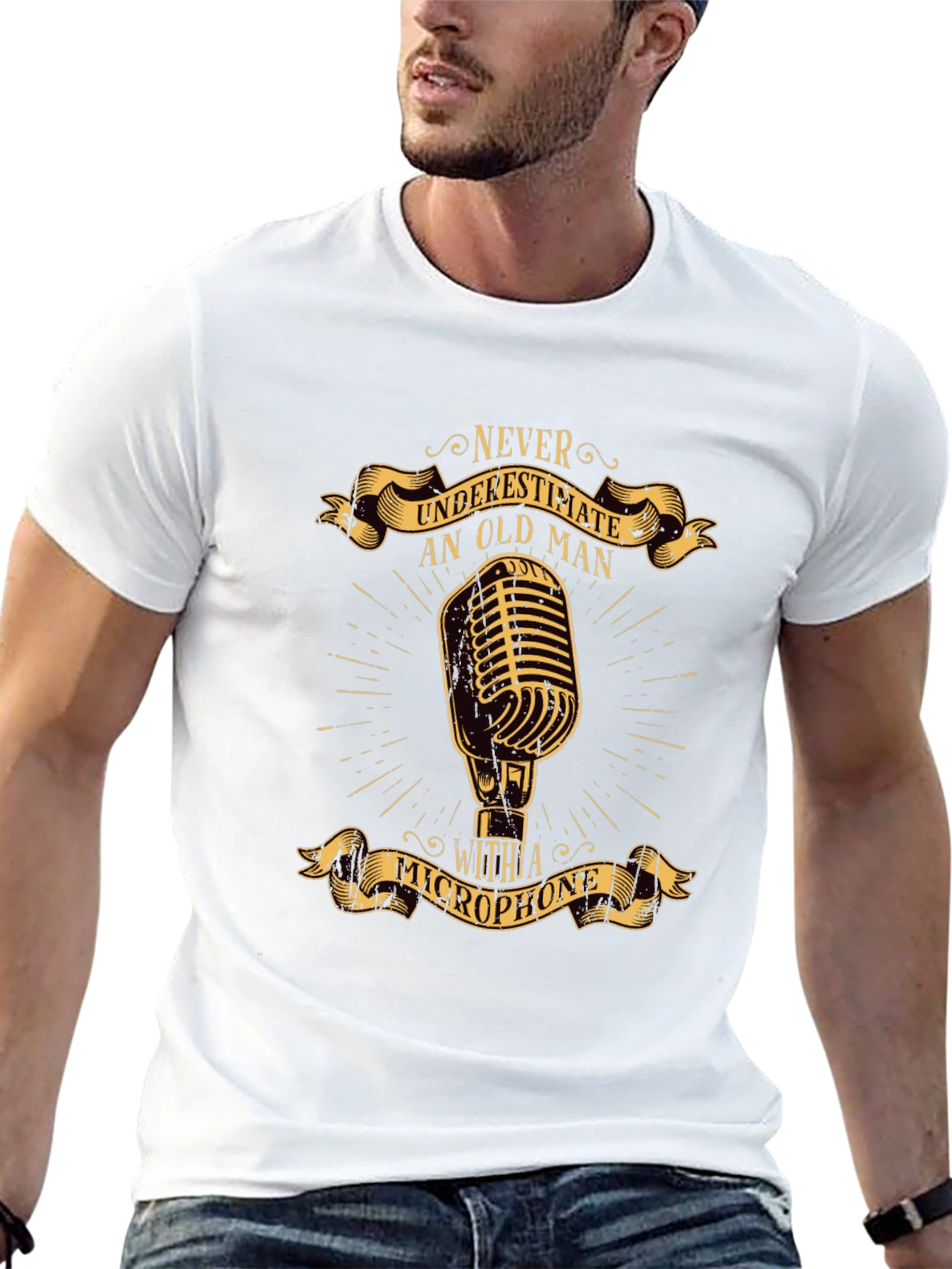 Never Underestimate Old Man Microphone T-Shirt
