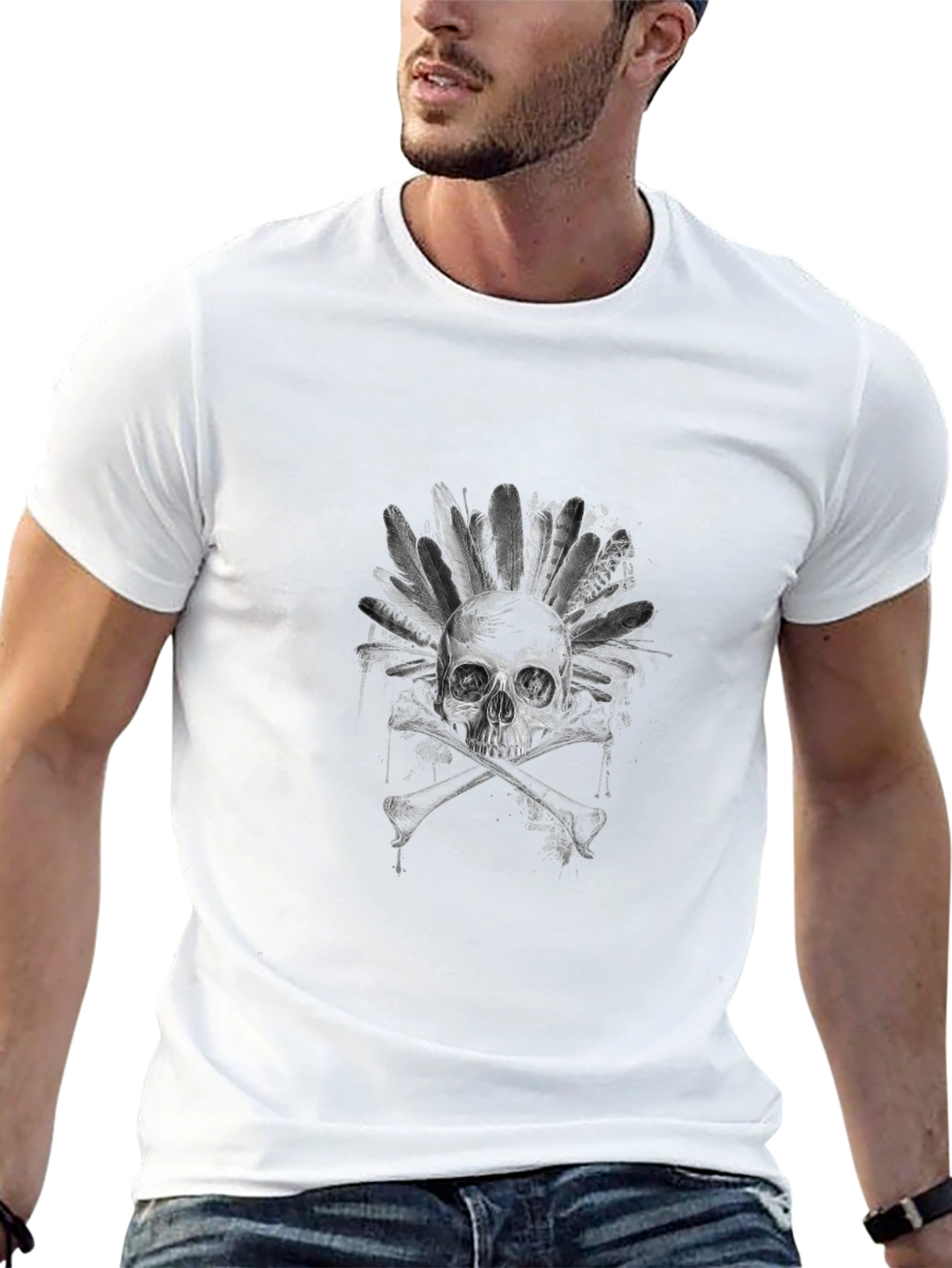 Skull & Feathers Graphic Tee - Black
