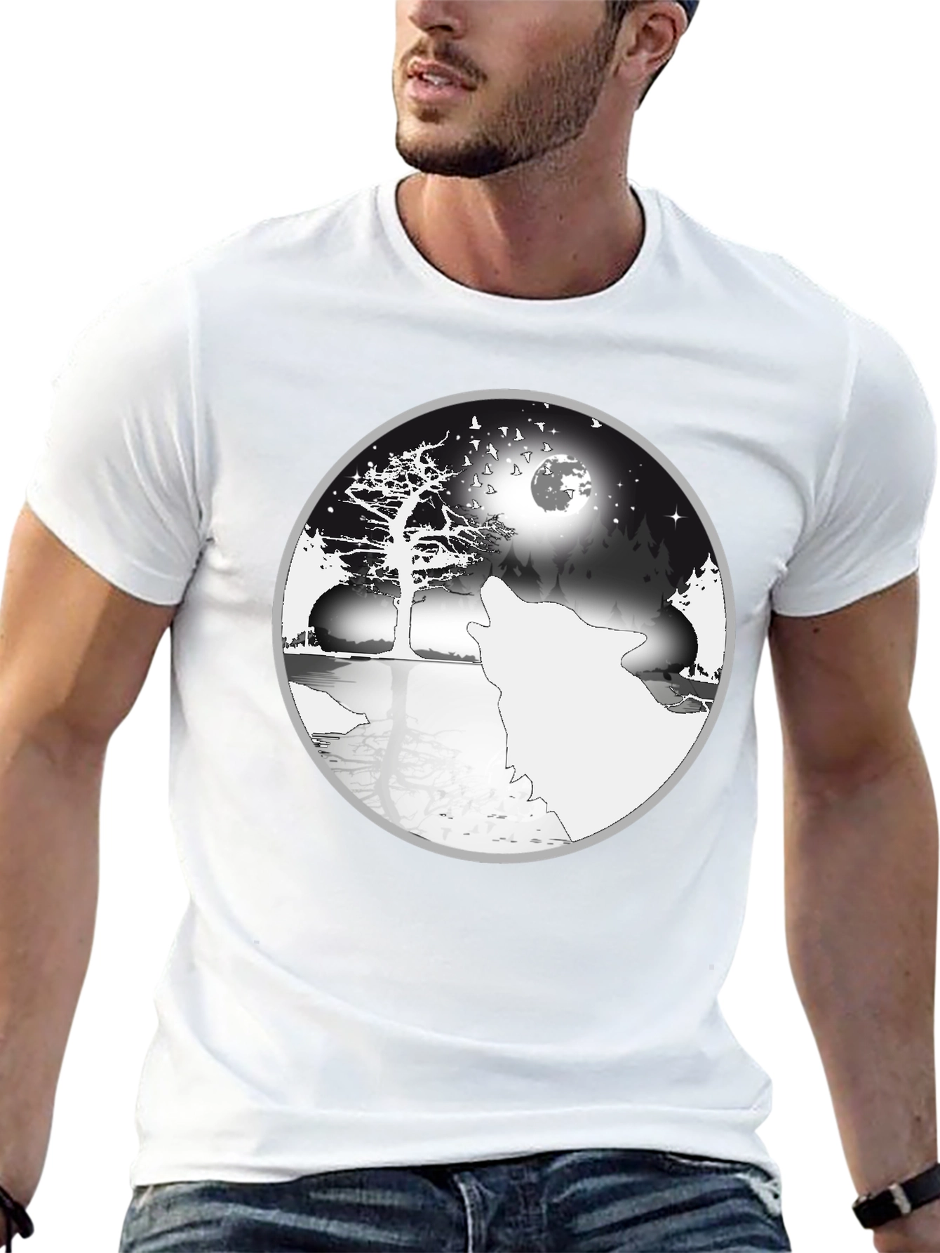 Wolf & Moon Yin Yang Graphic Tee - Black