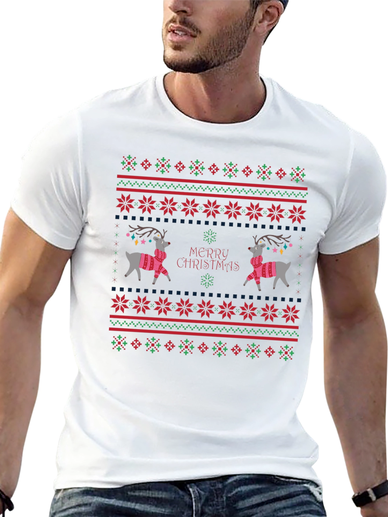 Festive Reindeer Christmas T-Shirt - Holiday Sweater Design